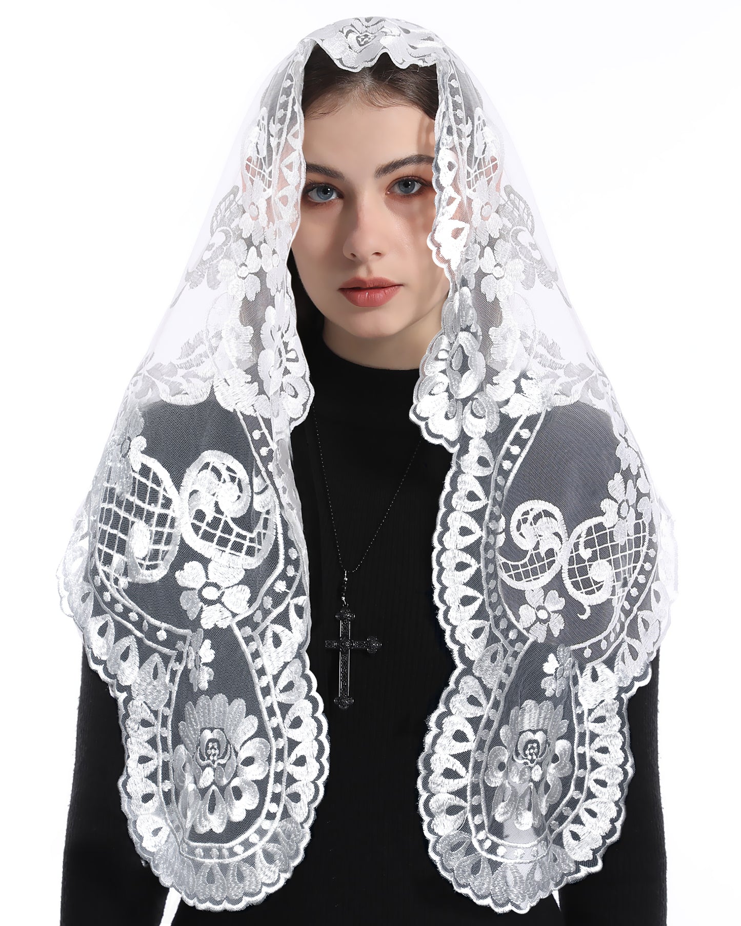 BOZIDOL Triangle Chapel Veil -Spanish Lace Floral Mantilla Veils Wrap Shawl Mass Head Covering