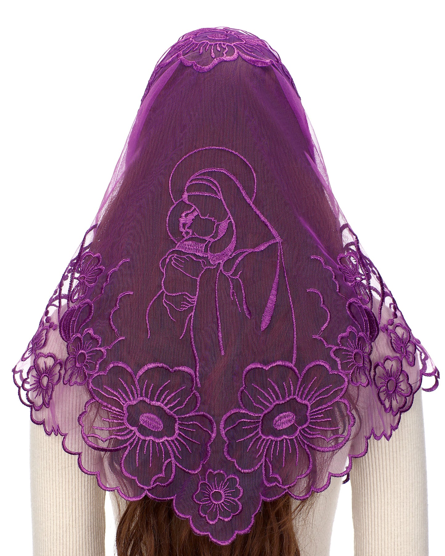 Bozidol Chapel Veils Catholic Mass Mantilla - Virgin and Child Embroidery Lace Triangle Head Coverings Floral Church Veil