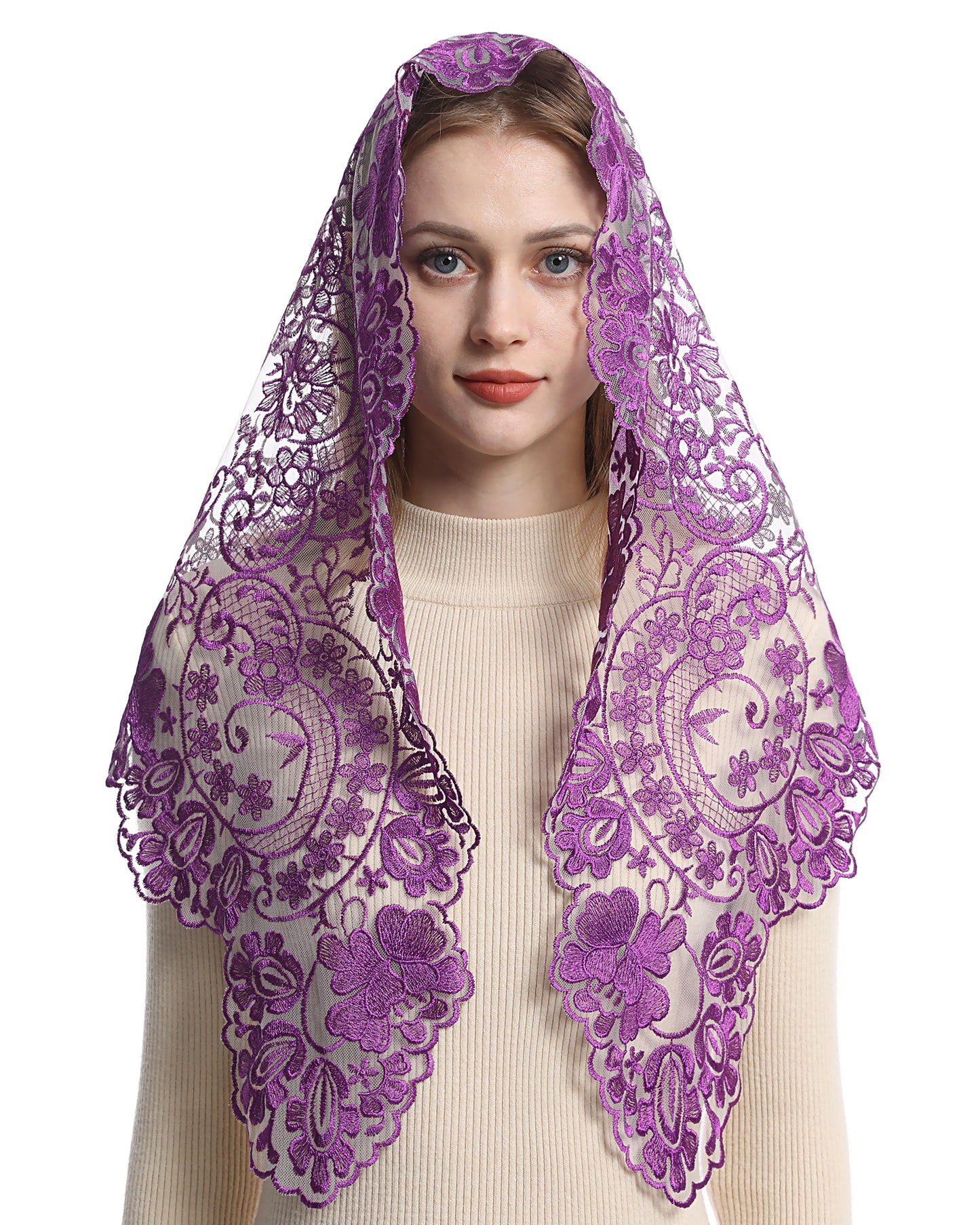 Bozidol Triangle Catholic Church Mantilla Veils for Religious Christian Floral Lace Scarf Shawl Veil with Hairclips