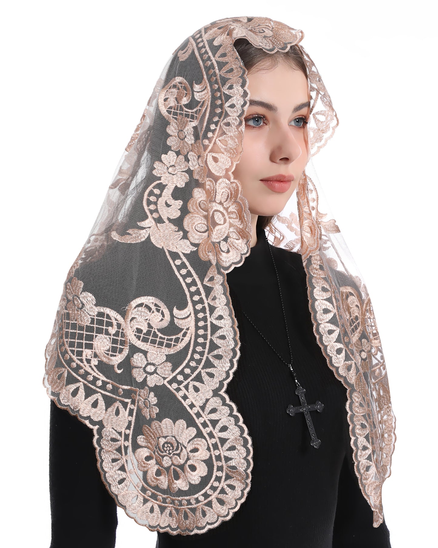 BOZIDOL Triangle Chapel Veil -Spanish Lace Floral Mantilla Veils Wrap Shawl Mass Head Covering