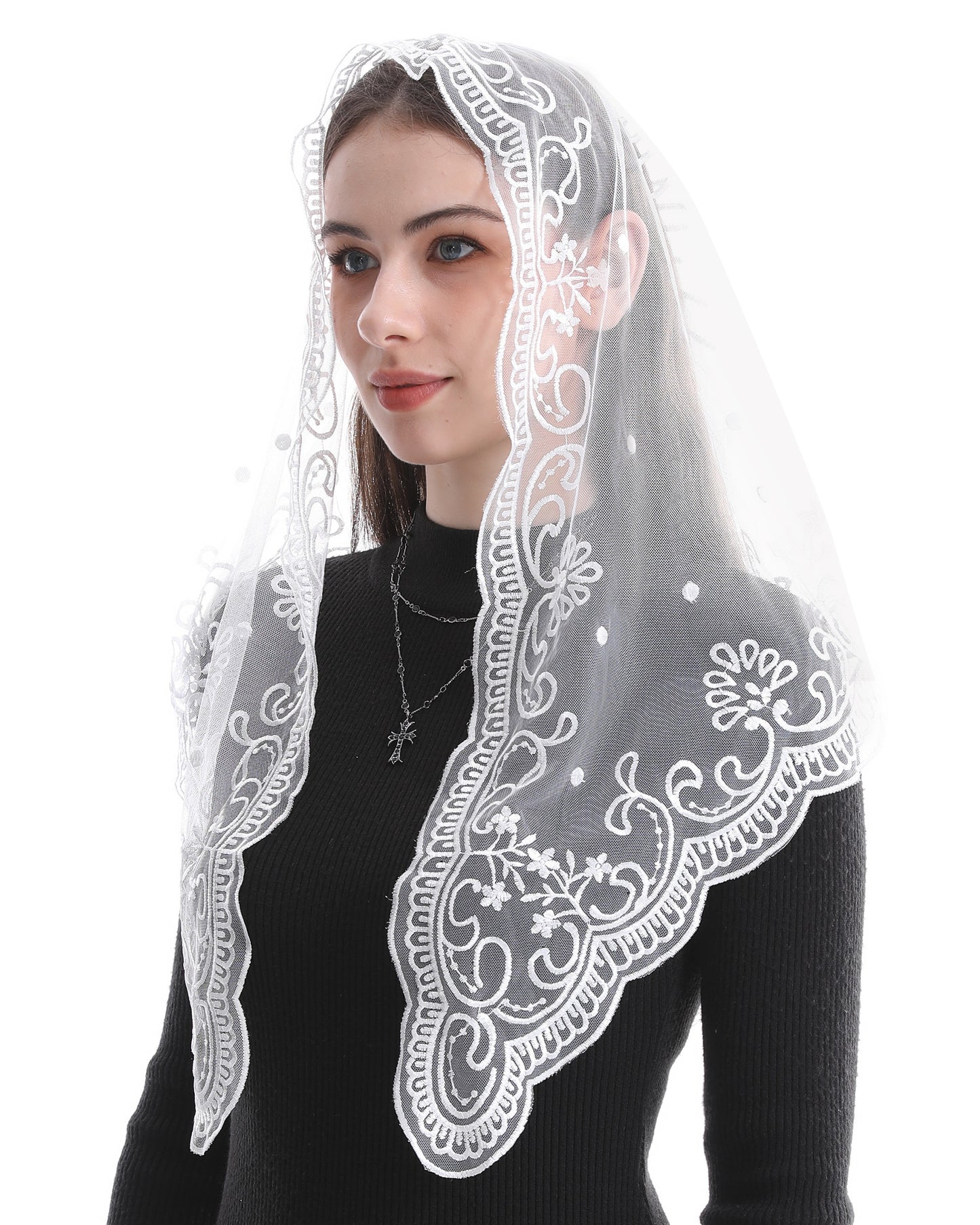 Bozidol Church Mantilla - Catholic Veil With Triangle Holy Virgin Embroidery - Traditional Mass Chapel Veil