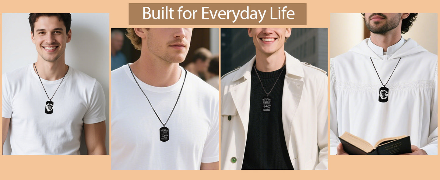 Bozidol Christian Gifts for Men, Black Man of God Cross Dog Tag Necklace, 1 Timothy 6:11 Bible Verse Pendant with Chain Necklace, Religious Baptism Confirmation Father Pastor Appreciation Gifts