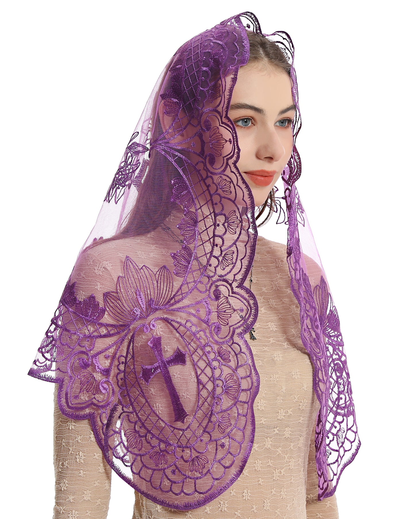 BOZIDOL White Triangle Veil -Lace Mantilla Catholic Church Chapel Veil Head Covering Latin Mass For Women
