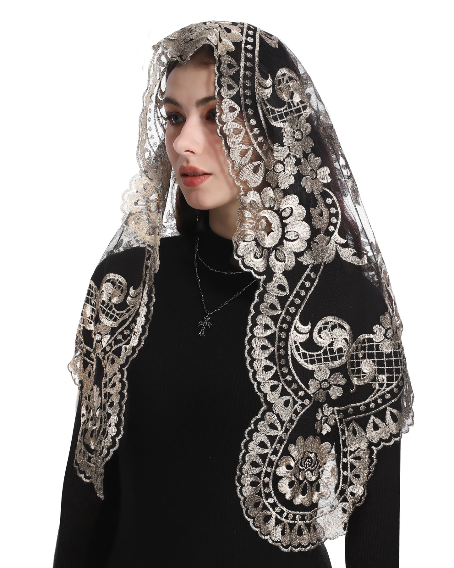 BOZIDOL Triangle Chapel Veil -Spanish Lace Floral Mantilla Veils Wrap Shawl Mass Head Covering