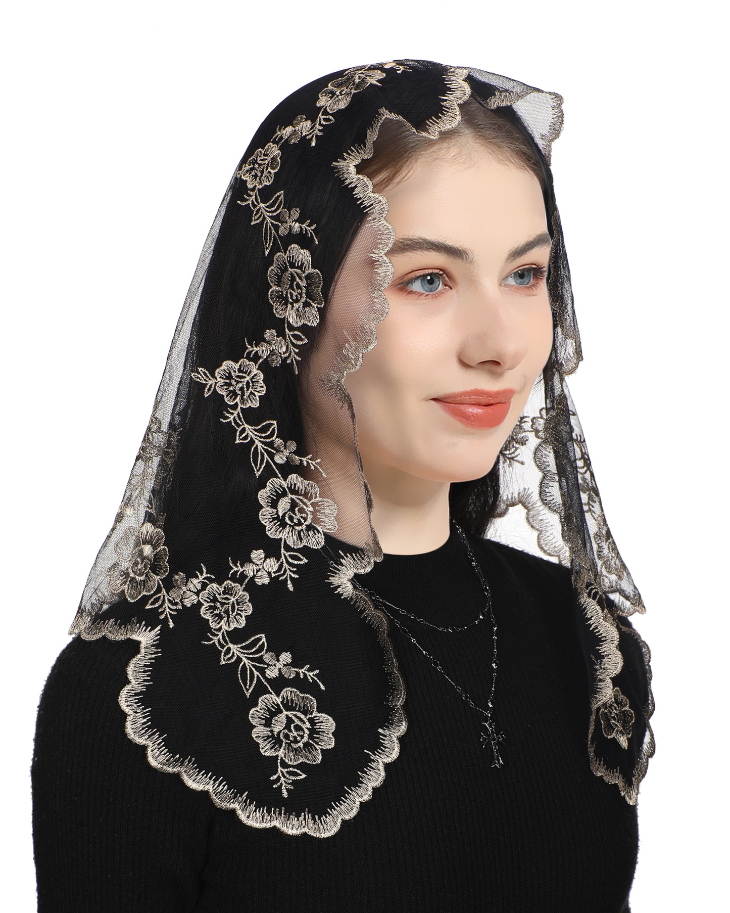 Bozidol Triangular Camellia Sacred Heart Veil - Church Wedding Embroidered Camellia Sacred Heart Wavy Short Veil Scarf