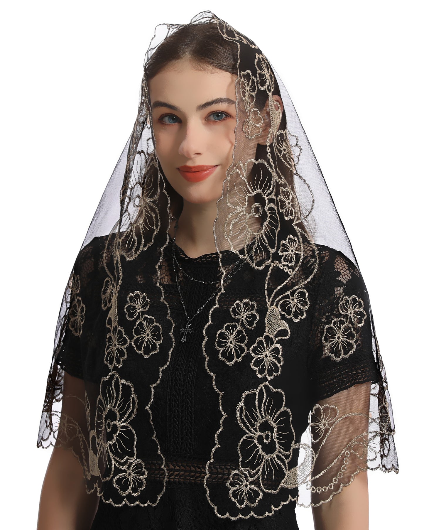 Bozidol D-shape Mantilla Church Veil - Women's Vintage Veil with Madonna and Child Embroidery