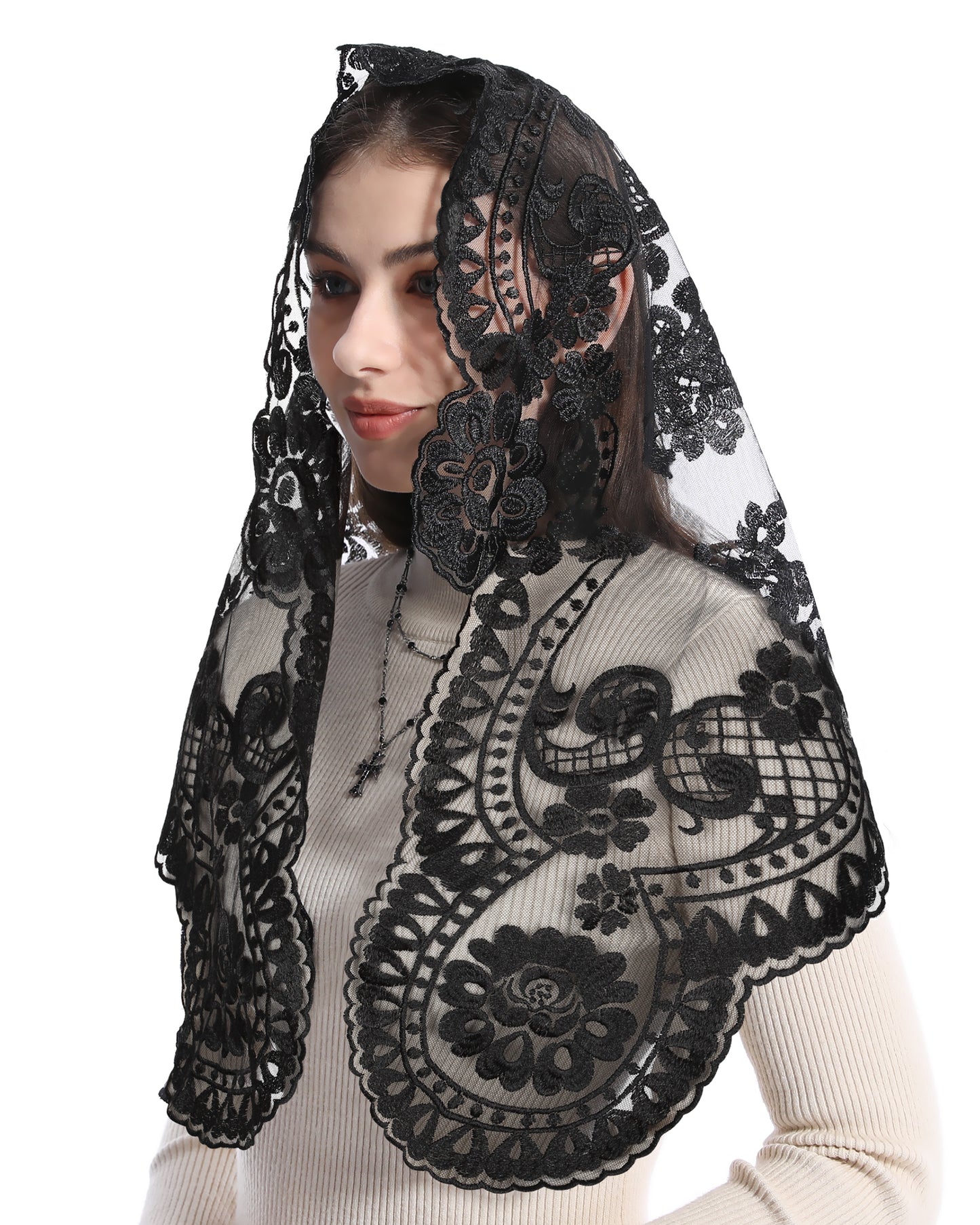 BOZIDOL Triangle Chapel Veil -Spanish Lace Floral Mantilla Veils Wrap Shawl Mass Head Covering