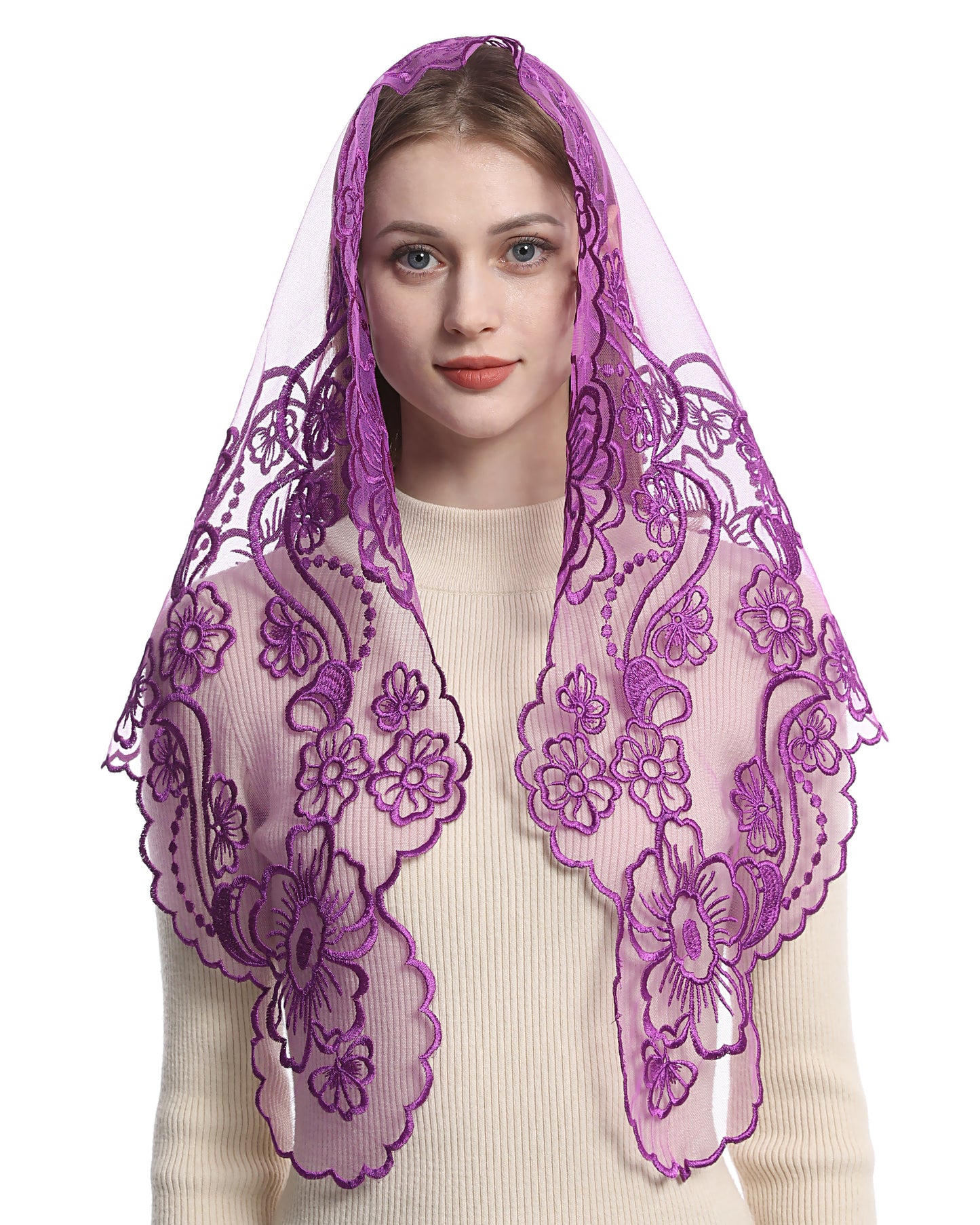 Bozidol Chapel Veils Catholic Mass Mantilla - Virgin and Child Embroidery Lace Triangle Head Coverings Floral Church Veil