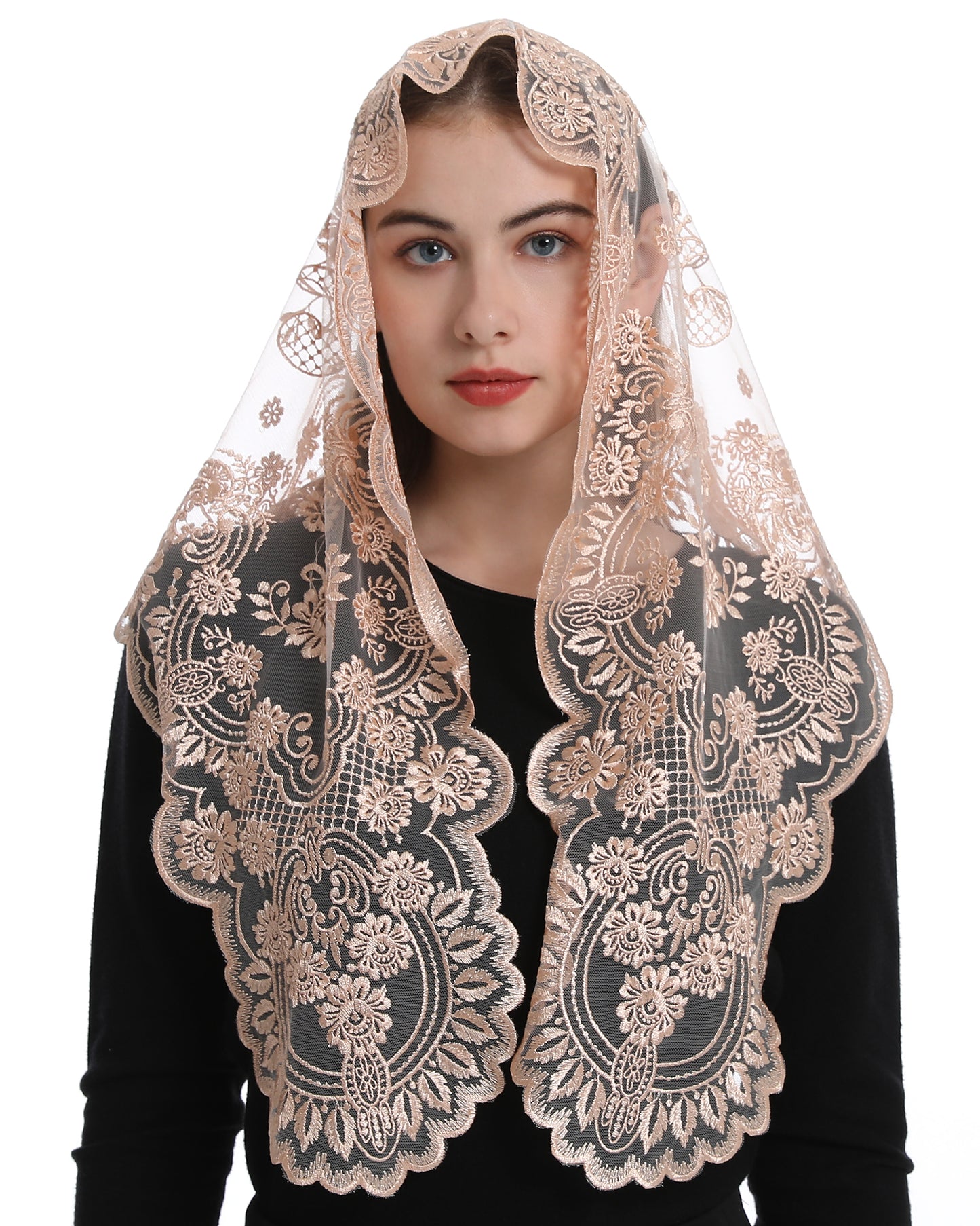 Bozidol Spanish Style Catholic Mass Mantillas Veil for Prayer Floral Orthodox Head Coverings Shawl Chapel Veils