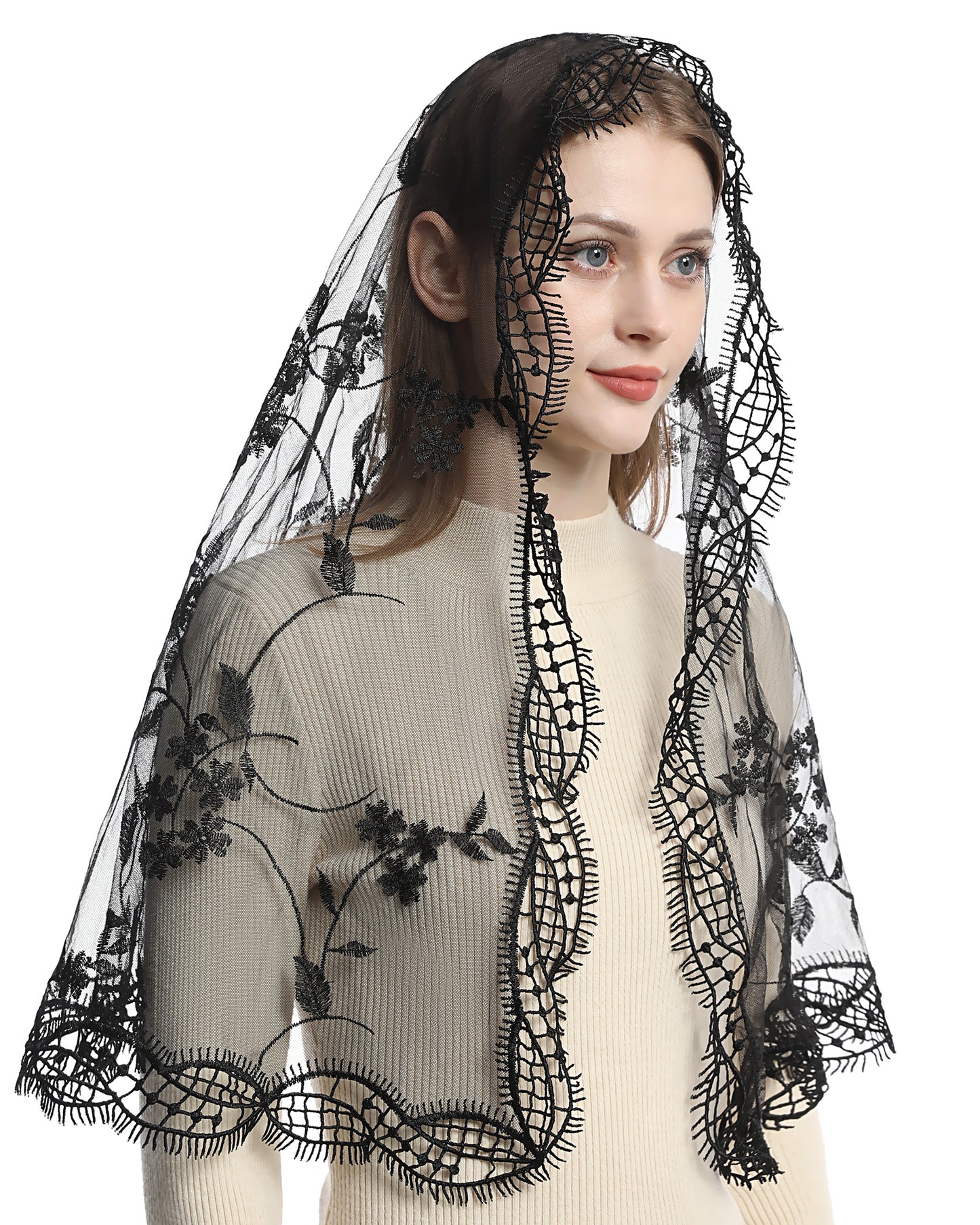 Bozidol Catholic Mantilla Chapel Lace Veil Church Spanish Mass Head Covering for Funeral Mourning (Black)