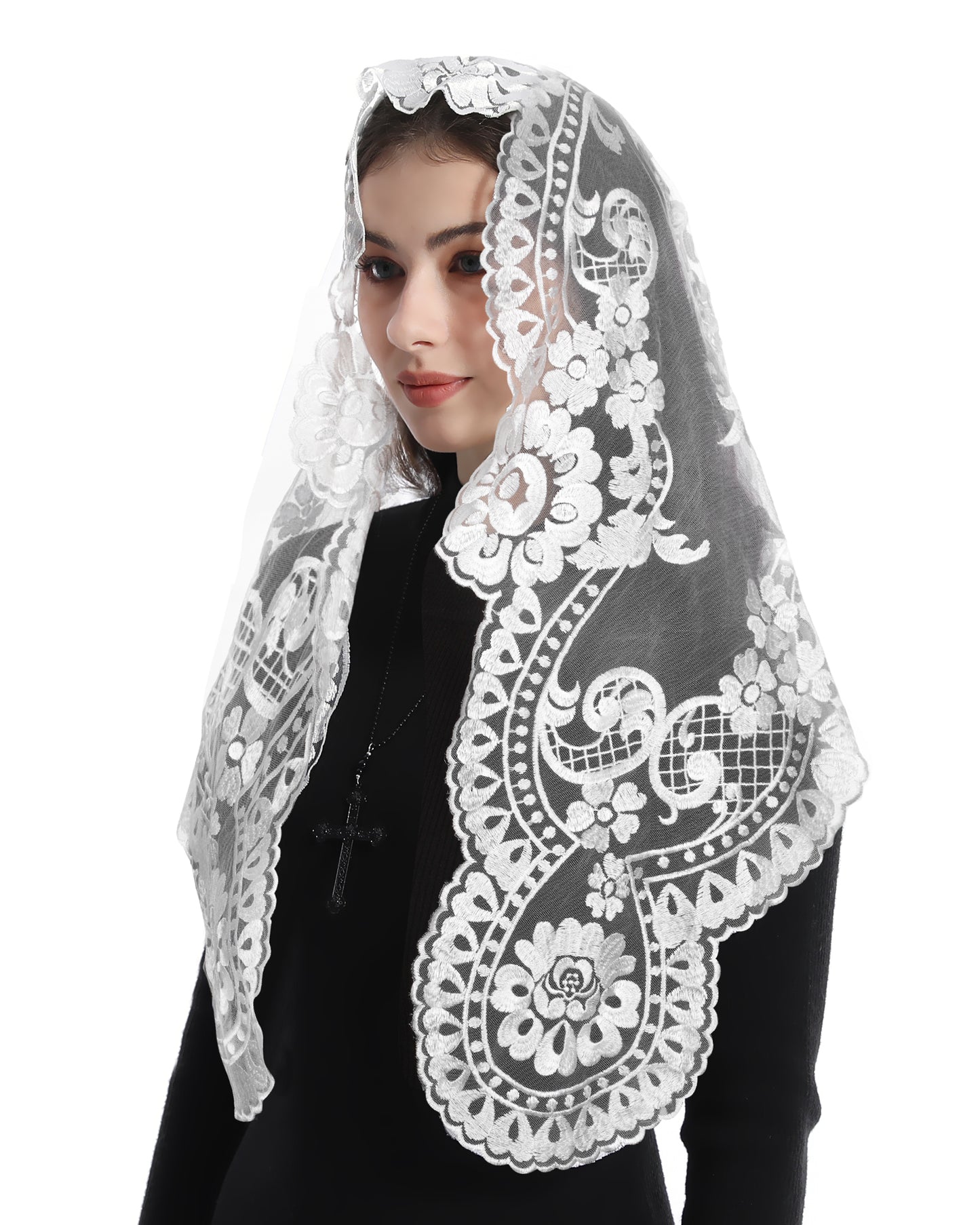 BOZIDOL Triangle Chapel Veil -Spanish Lace Floral Mantilla Veils Wrap Shawl Mass Head Covering