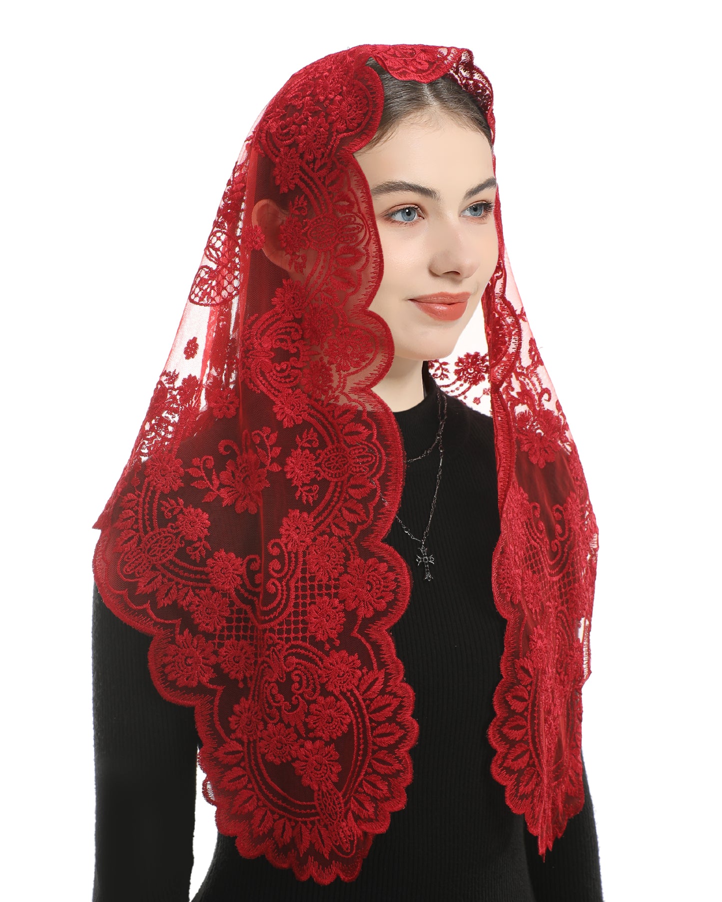 Bozidol Triangle Catholic Chapel Mantilla Veils - Short Camellia Embroidery Latin Mass Scarf Church Lace Veil with Gift Box