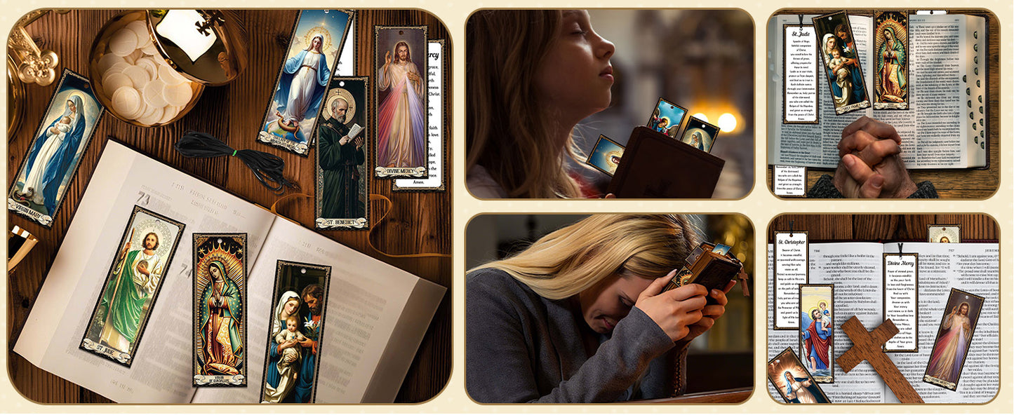 Bozidol 20 Pcs Catholic Saints Bookmarks with Holy Prayer, Religious Christian Gifts for Women Men Mother Father Godfather Godmother Church Sunday School Home Party Favors