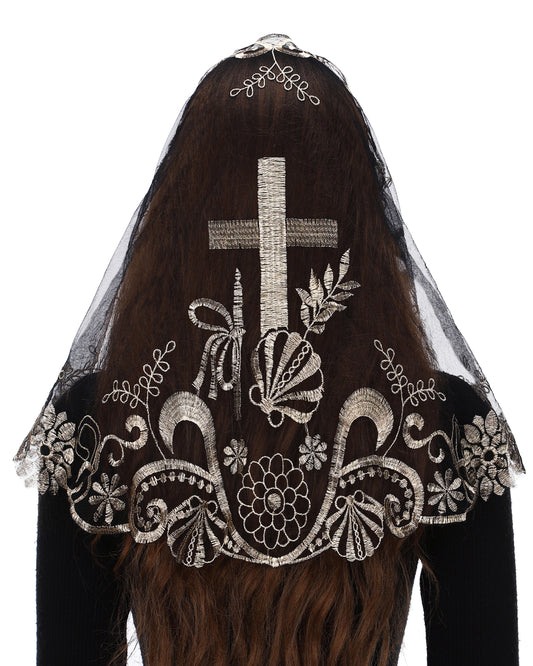 Bozidol Cross Religious Lace Veil- Catholic Embroidered Cross and Shell Creative Design Religious Ladies Prayer Lace D Shape Veil