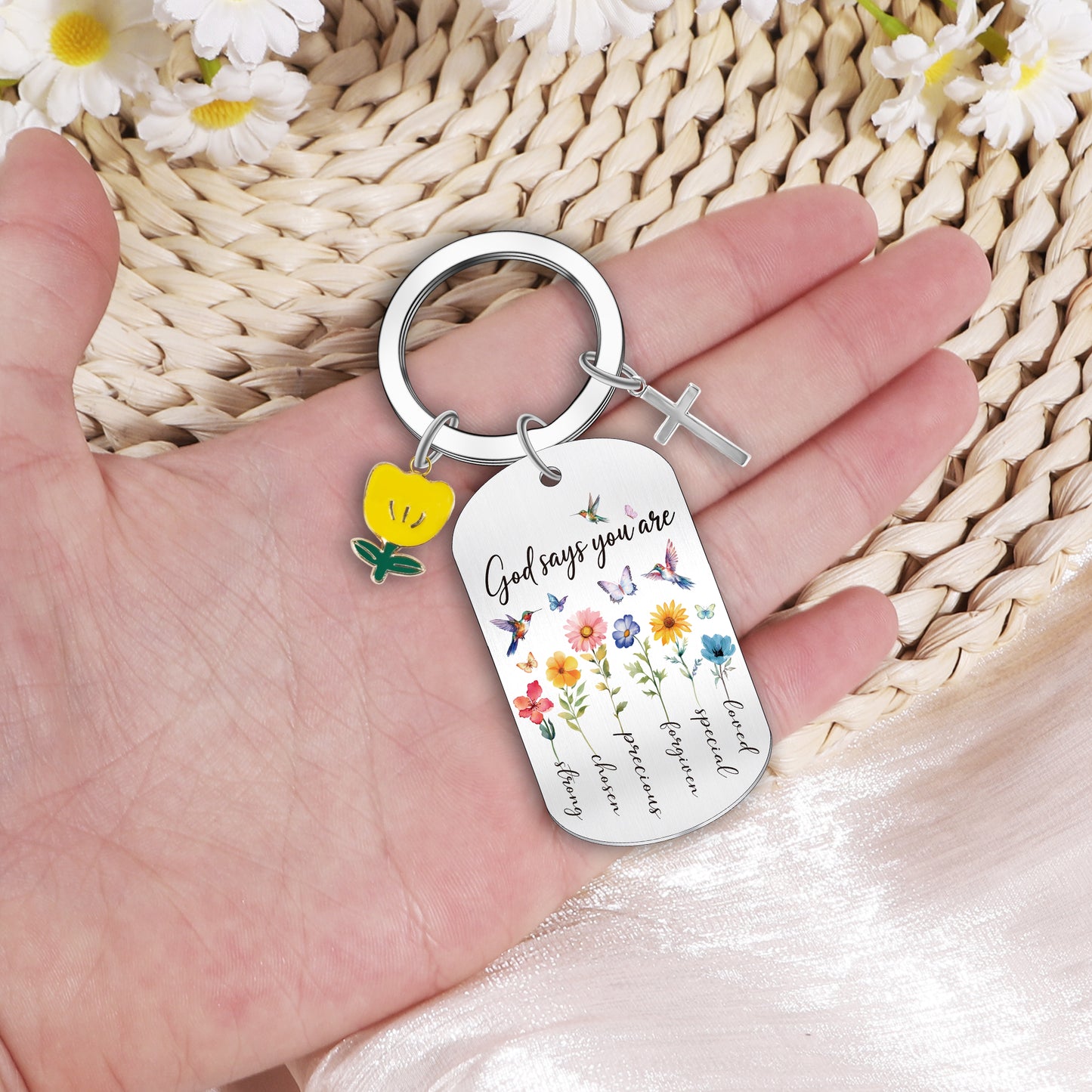 Bozidol Christian Gifts for Women Teen Girl, God Says You Are Flower Dog Tag and Cross Keychain, Religious Inspirational Keychains for Easter Mothers Day Birthday Graduation Faith Based Gifts