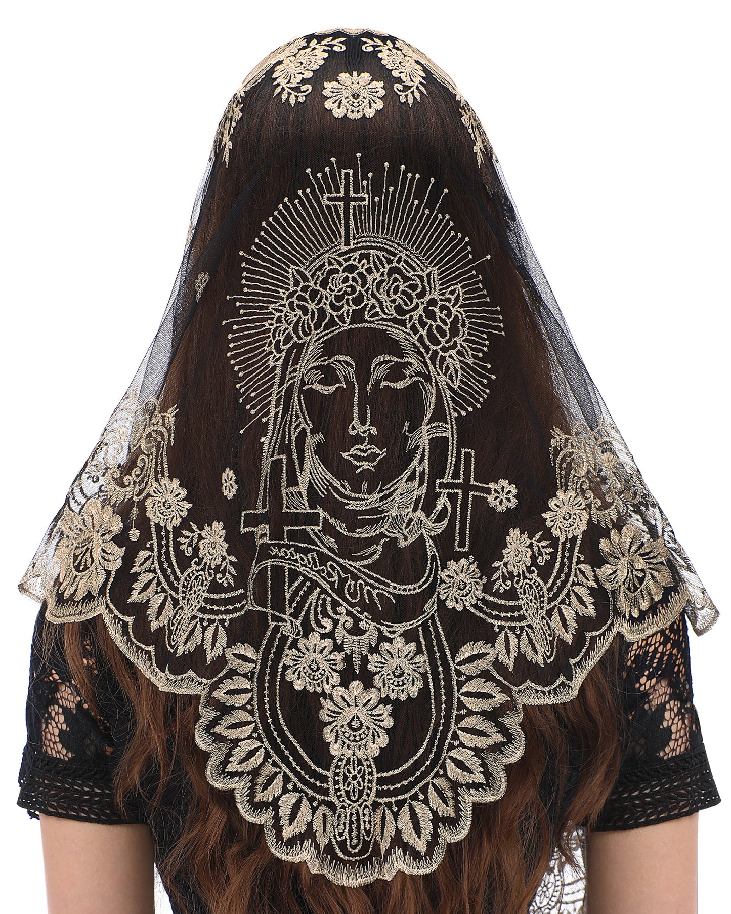 Bozidol Triangle Lace Chapel Veils - Madonna Camellia Embroidered Head Covering for women