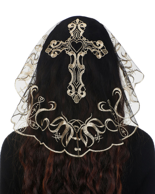 Bozidol Women Chapel Veils Mantilla - Church Veils Cross Embroidery Lace Round Shaped Head Coverings for Baptism (Blcak Gold)