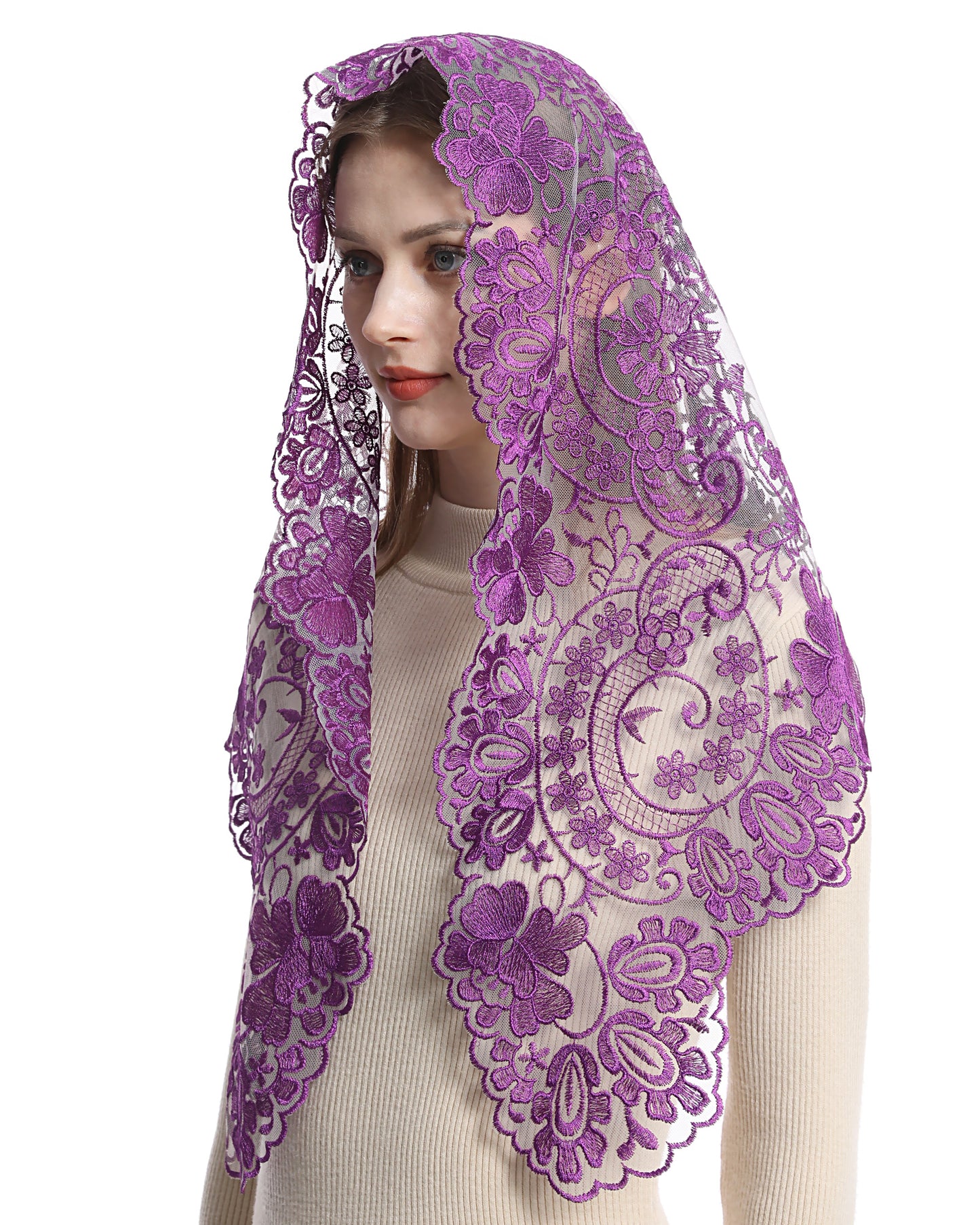 Bozidol Triangle Catholic Church Mantilla Veils for Religious Christian Floral Lace Scarf Shawl Veil with Hairclips