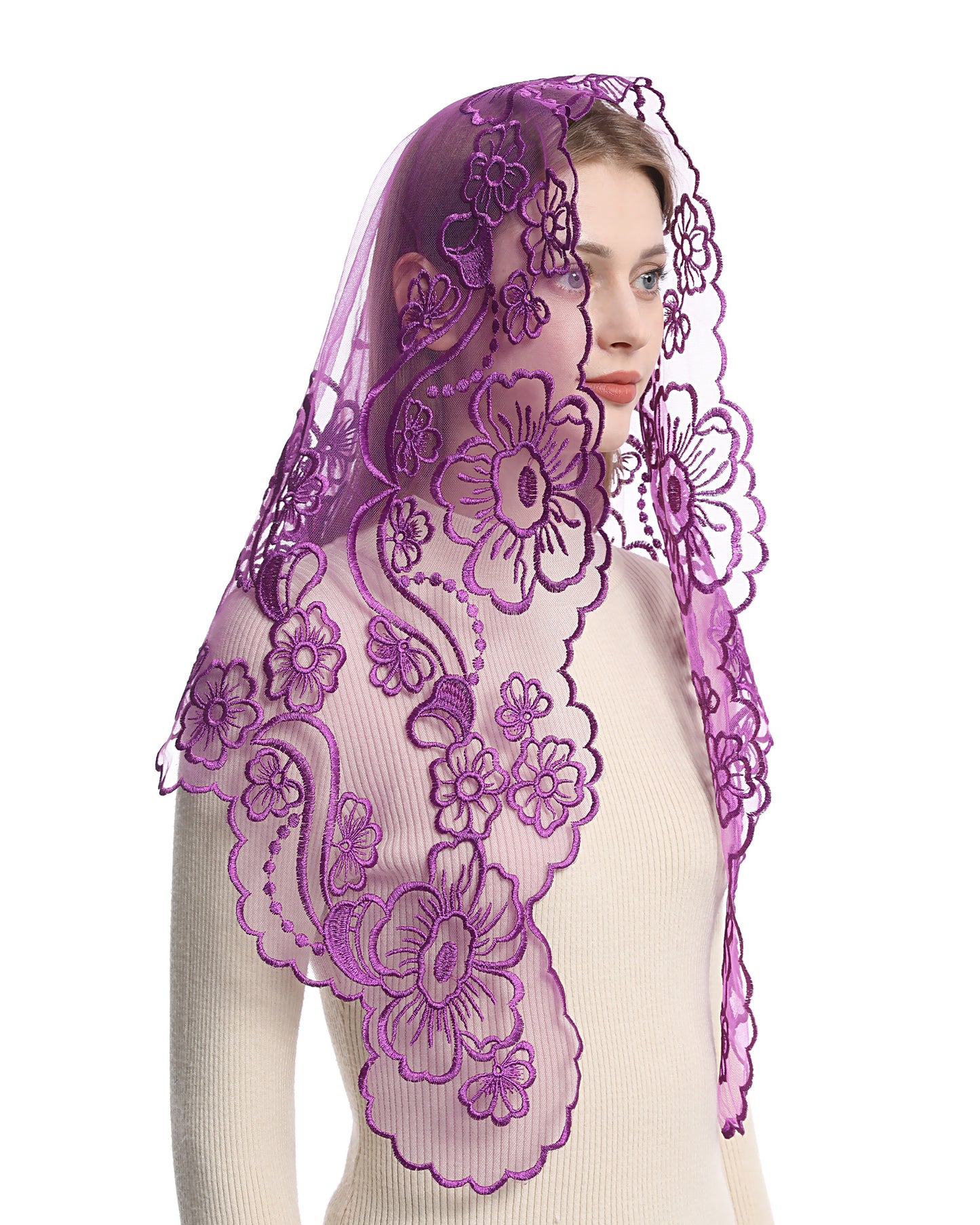 Bozidol Chapel Veils Catholic Mass Mantilla - Virgin and Child Embroidery Lace Triangle Head Coverings Floral Church Veil