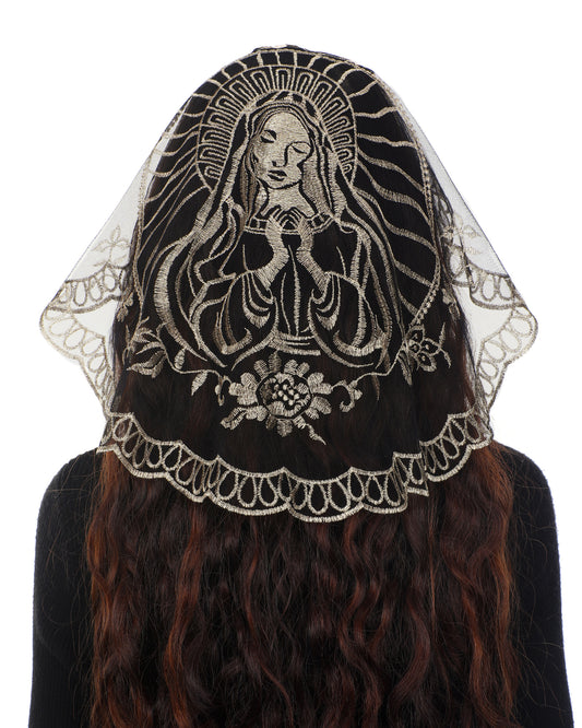 Bozidol Women Chapel Veils Mantilla - Church Veils Cross Embroidery Lace Round Shaped Head Coverings for Baptism (Blcak Gold)