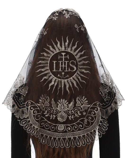 Bozidol Jesus Triangle Lace Veil - Jesus Embroidery Scattered Petals Border Catholic Triangle Ladies Lace Veil