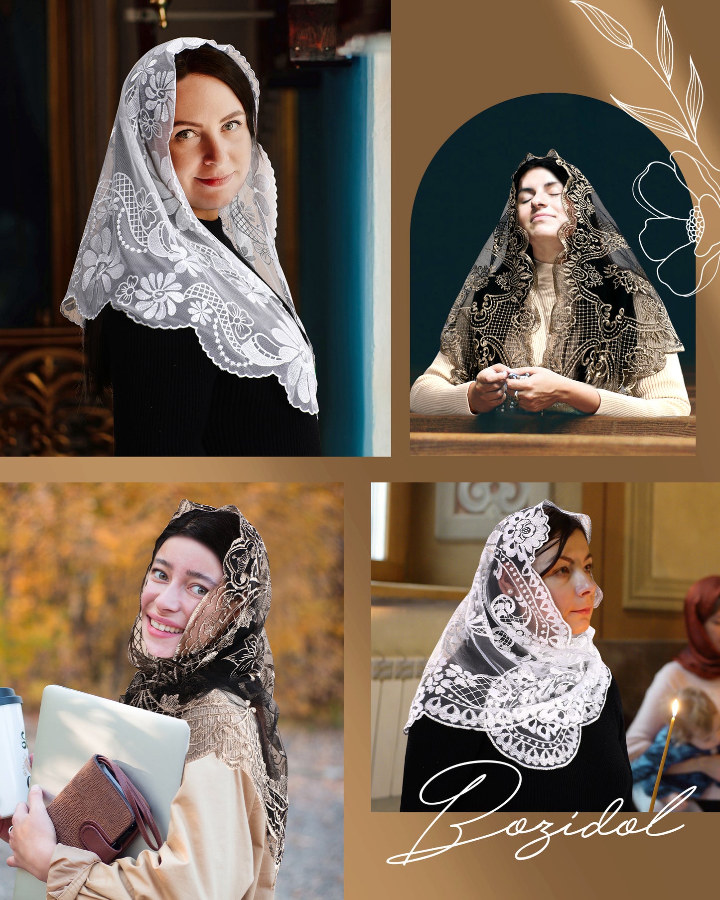 BOZIDOL Triangle Chapel Veil -Spanish Lace Floral Mantilla Veils Wrap Shawl Mass Head Covering