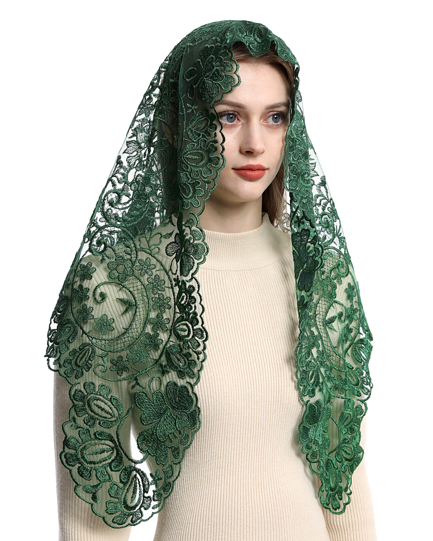 Bozidol Triangle Catholic Church Mantilla Veils for Religious Christian Floral Lace Scarf Shawl Veil with Hairclips