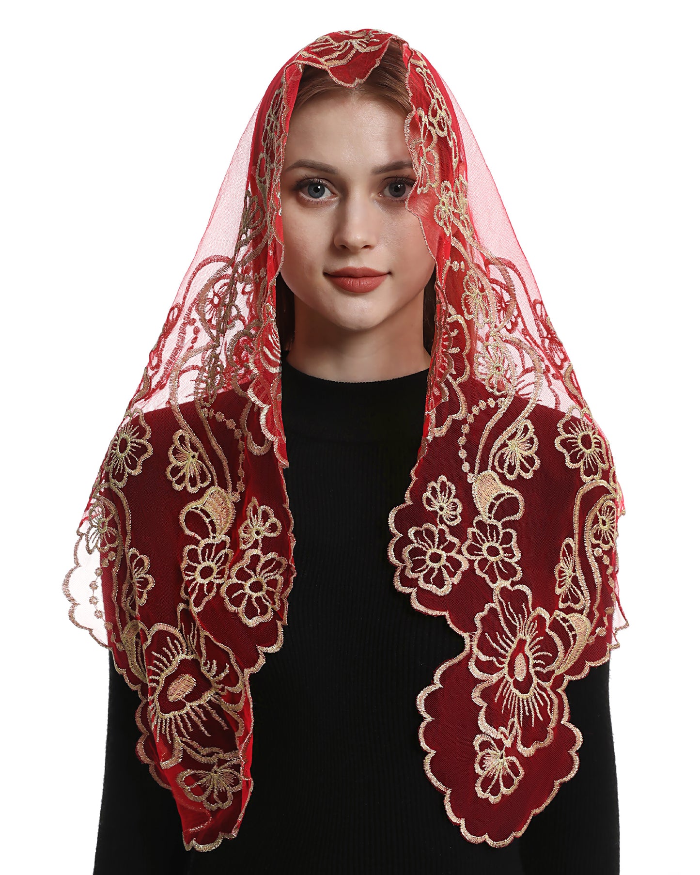 Bozidol Chapel Veils Catholic Mass Mantilla - Virgin and Child Embroidery Lace Triangle Head Coverings Floral Church Veil