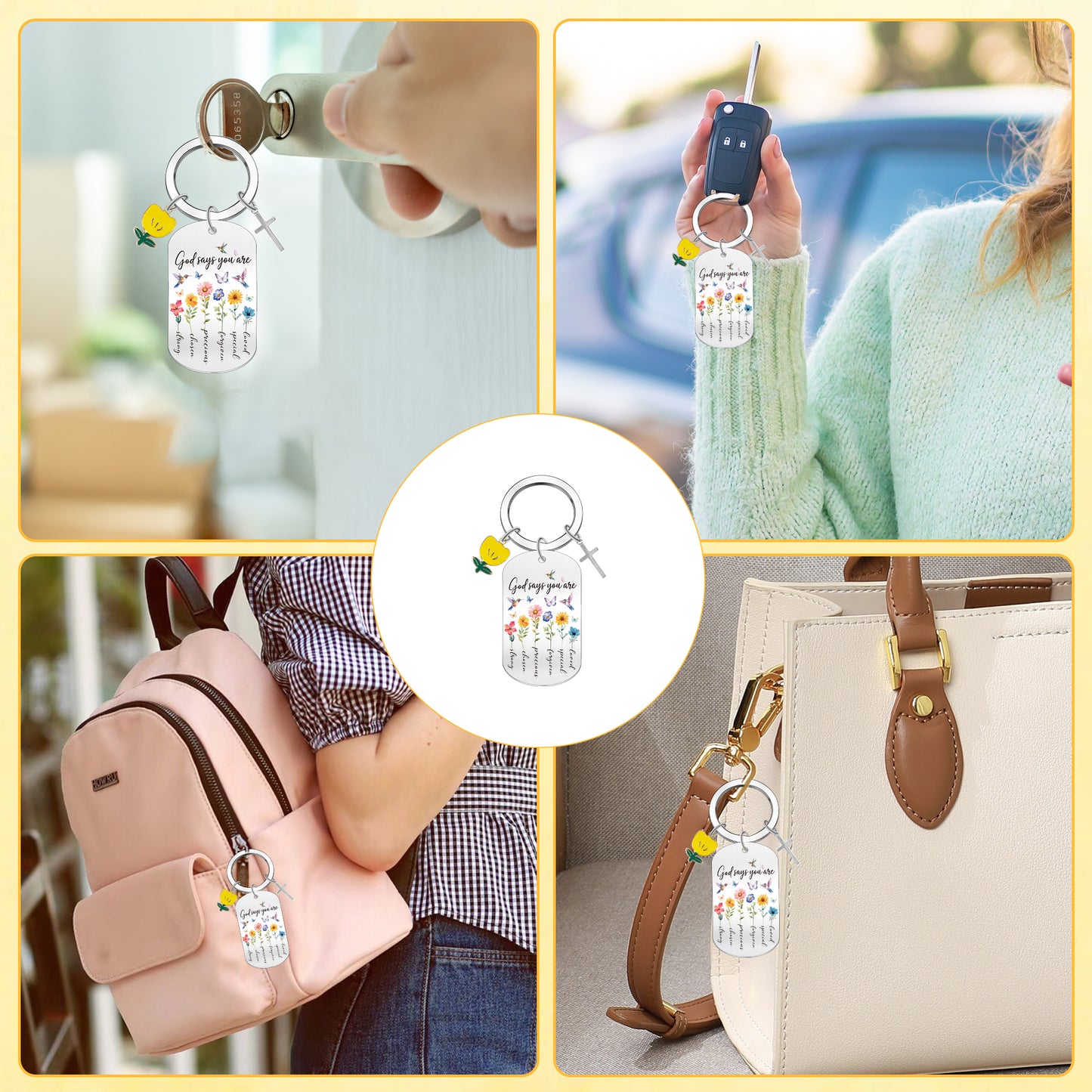 Bozidol Christian Gifts for Women Teen Girl, God Says You Are Flower Dog Tag and Cross Keychain, Religious Inspirational Keychains for Easter Mothers Day Birthday Graduation Faith Based Gifts