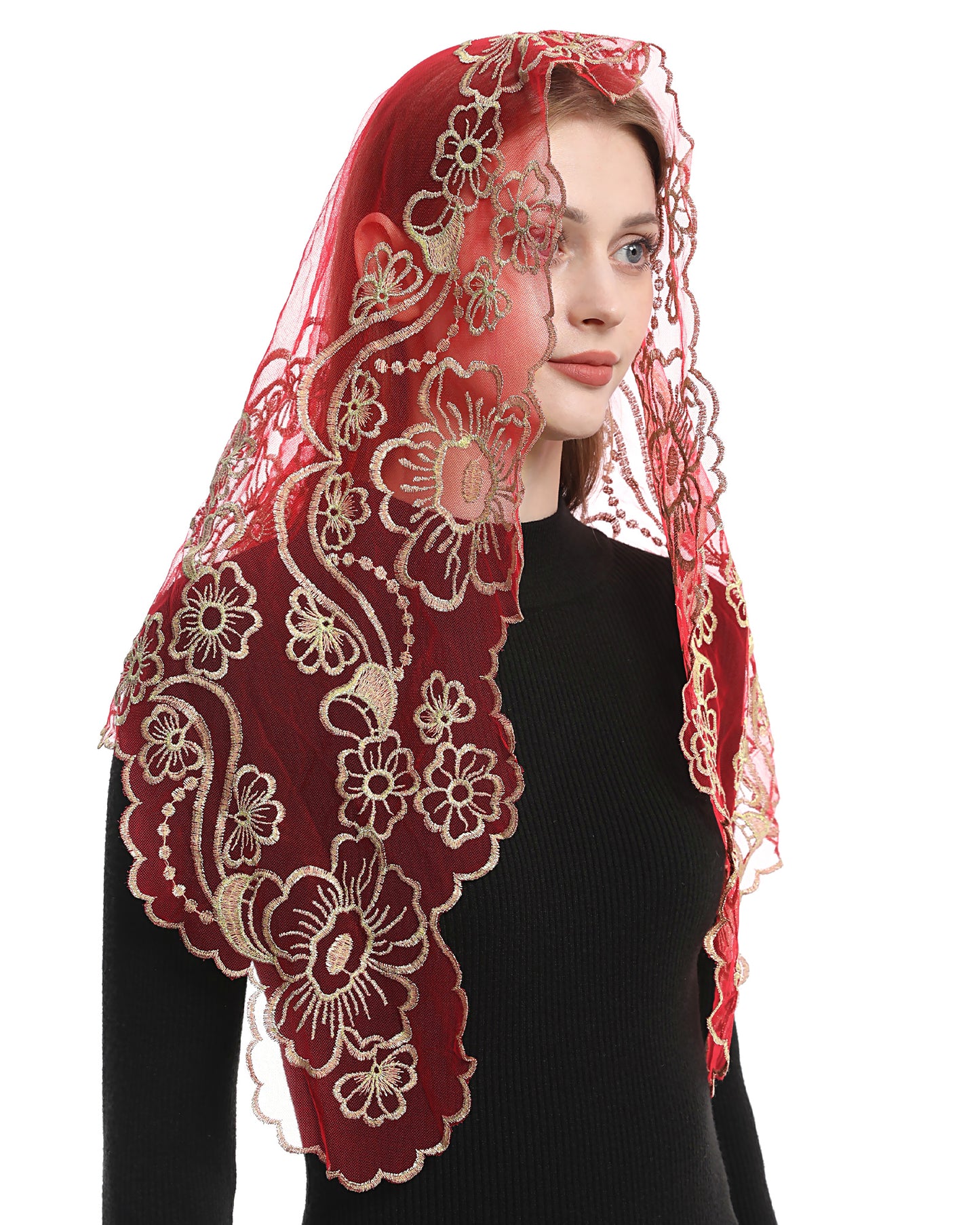 Bozidol Chapel Veils Catholic Mass Mantilla - Virgin and Child Embroidery Lace Triangle Head Coverings Floral Church Veil