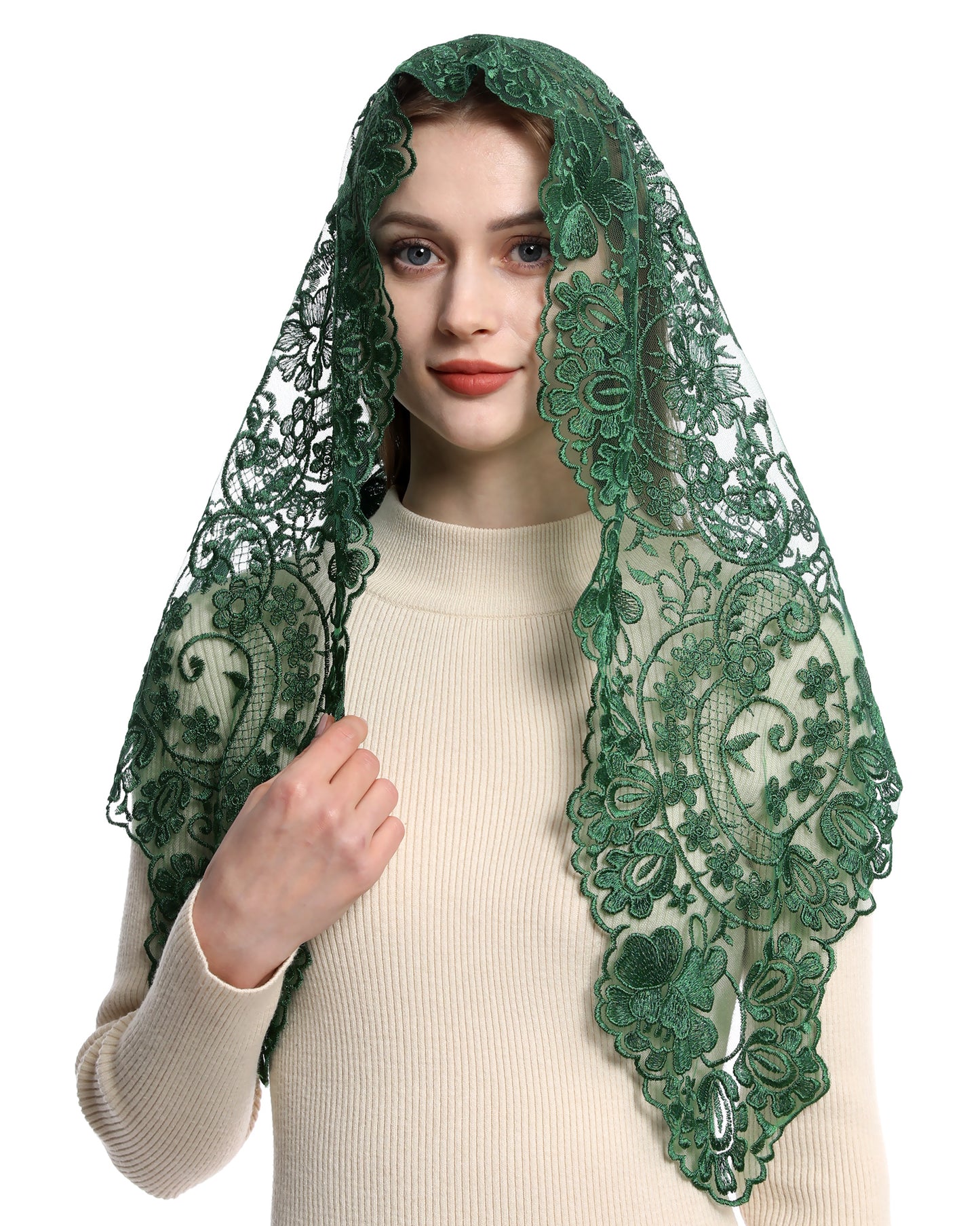 Bozidol Triangle Catholic Church Mantilla Veils for Religious Christian Floral Lace Scarf Shawl Veil with Hairclips