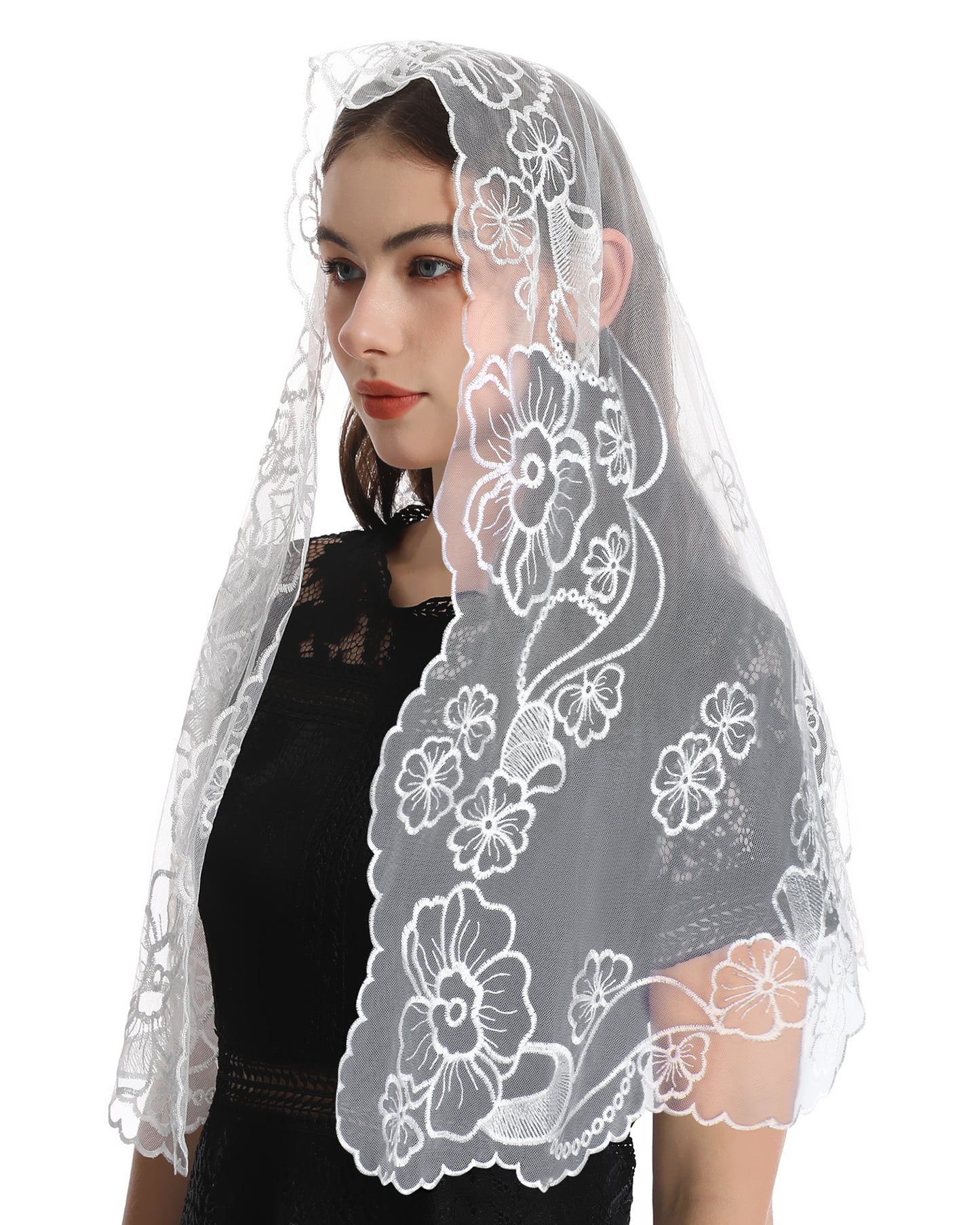 Bozidol D-shape Mantilla Church Veil - Women's Vintage Veil with Madonna and Child Embroidery
