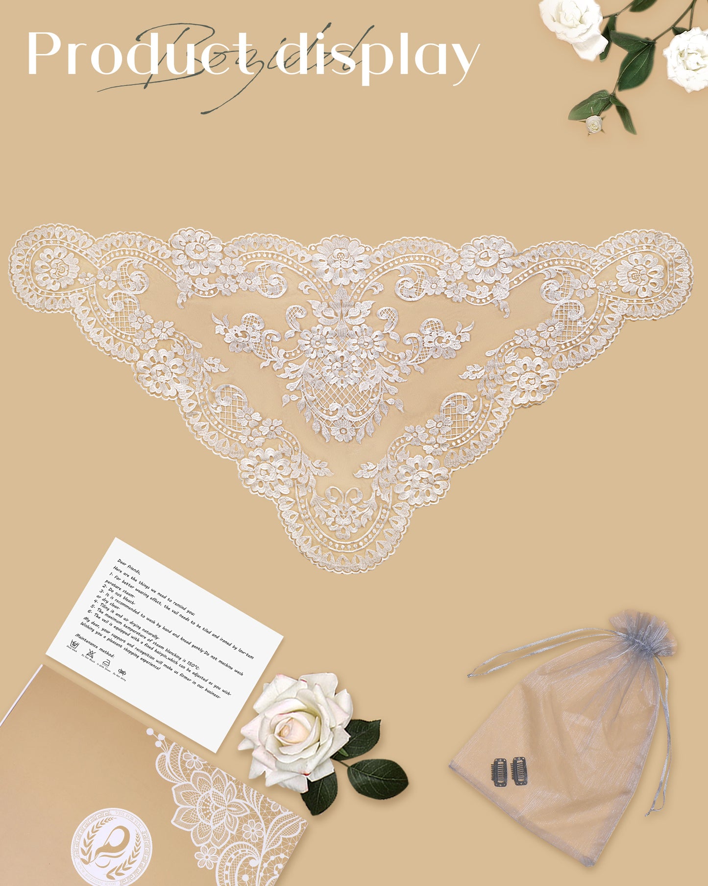BOZIDOL Triangle Chapel Veil -Spanish Lace Floral Mantilla Veils Wrap Shawl Mass Head Covering