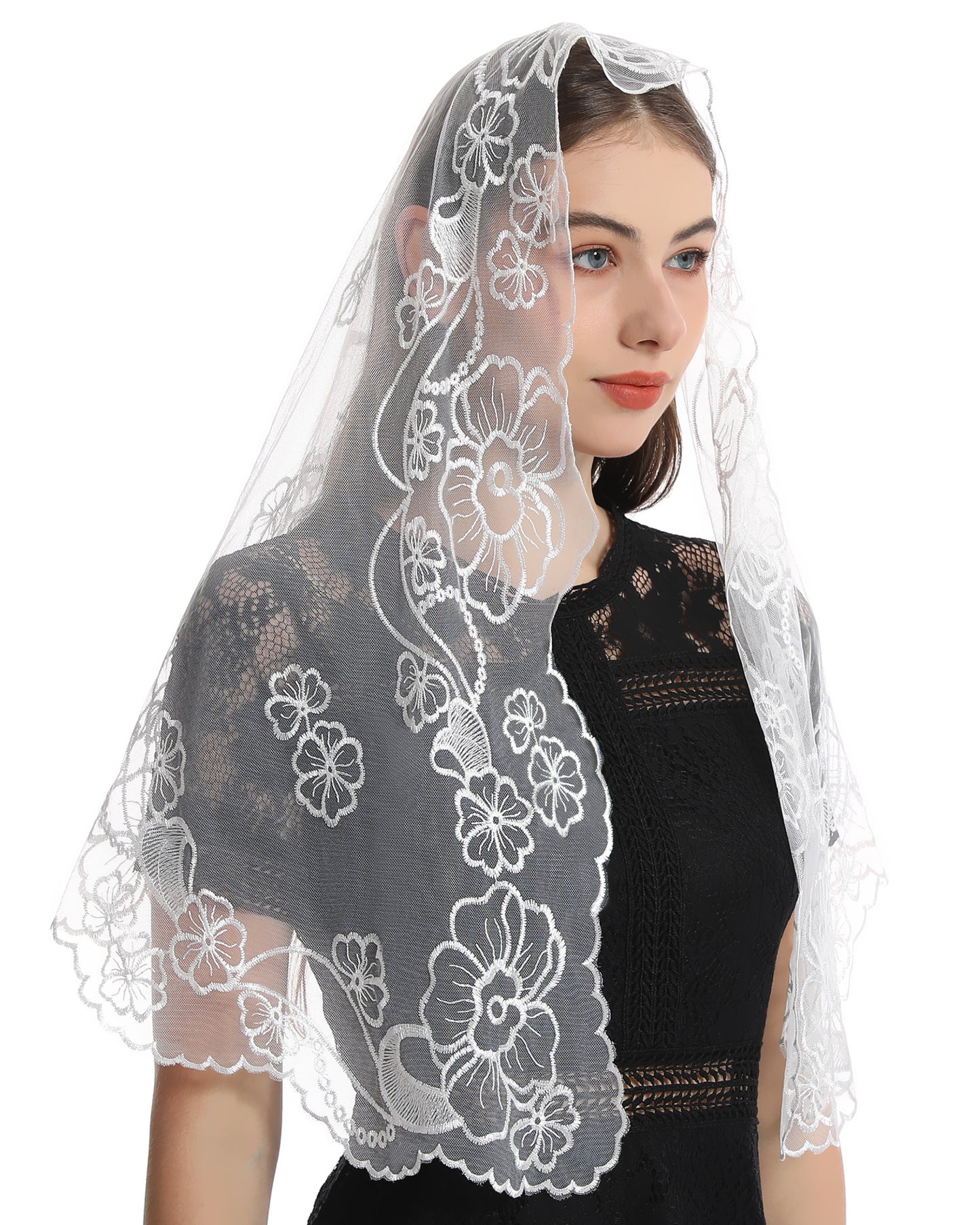 Bozidol D-shape Mantilla Church Veil - Women's Vintage Veil with Madonna and Child Embroidery