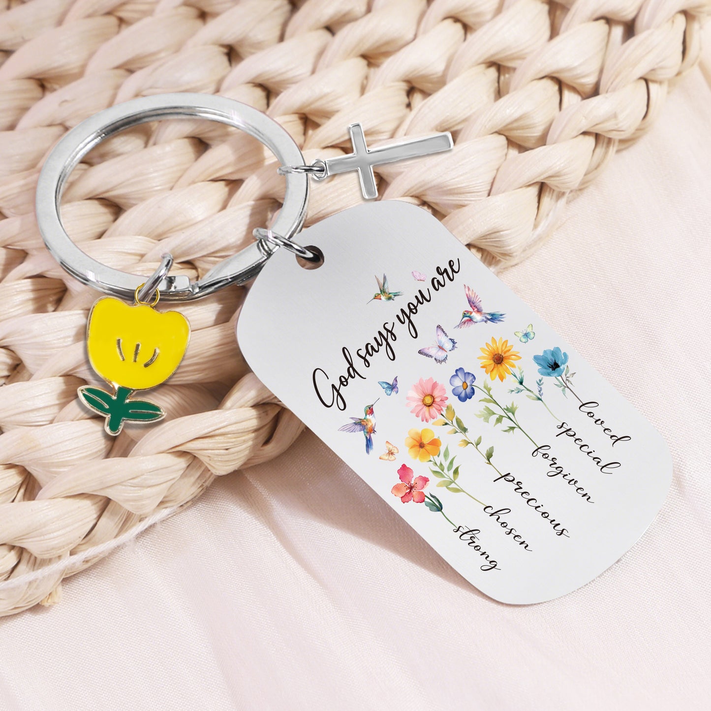 Bozidol Christian Gifts for Women Teen Girl, God Says You Are Flower Dog Tag and Cross Keychain, Religious Inspirational Keychains for Easter Mothers Day Birthday Graduation Faith Based Gifts