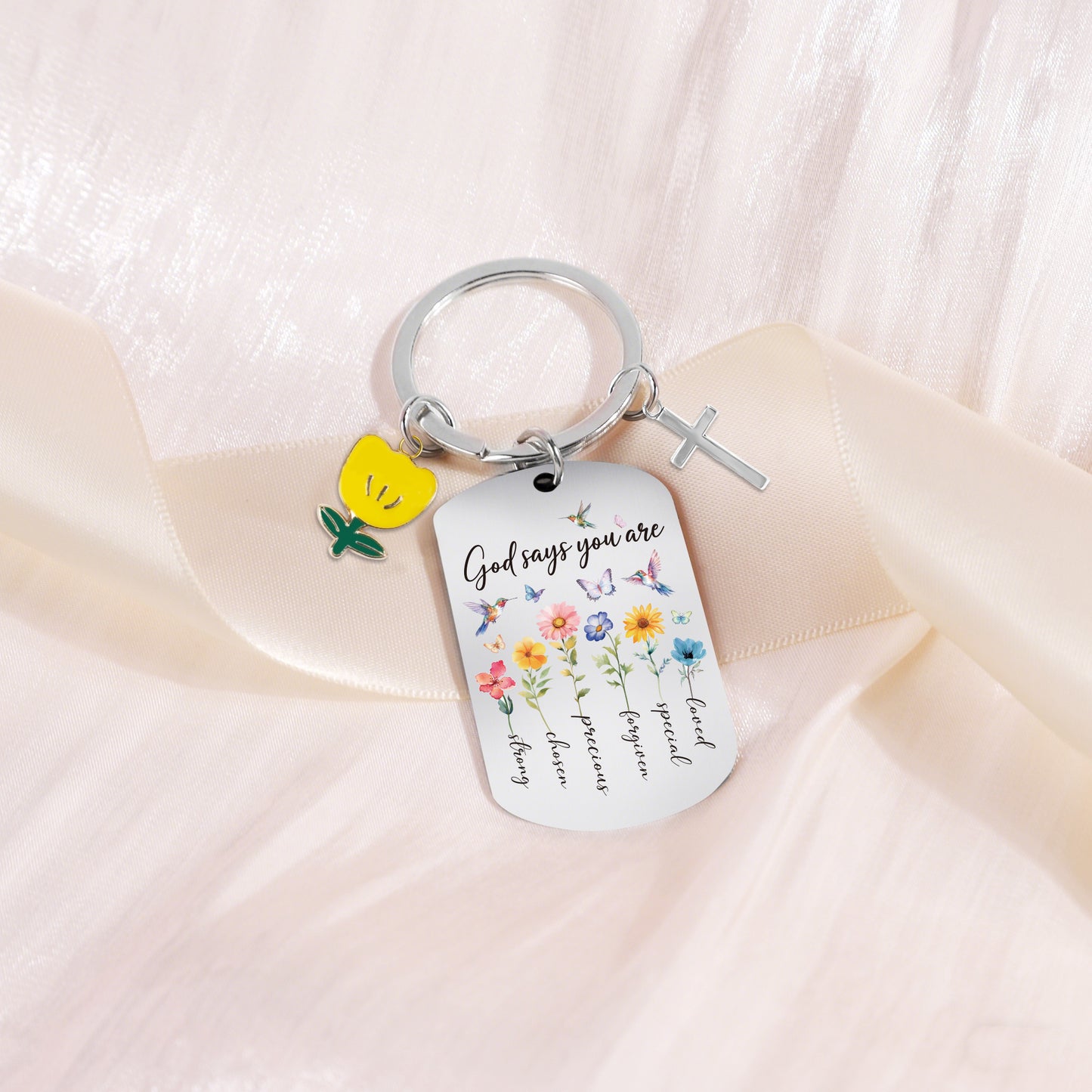 Bozidol Christian Gifts for Women Teen Girl, God Says You Are Flower Dog Tag and Cross Keychain, Religious Inspirational Keychains for Easter Mothers Day Birthday Graduation Faith Based Gifts