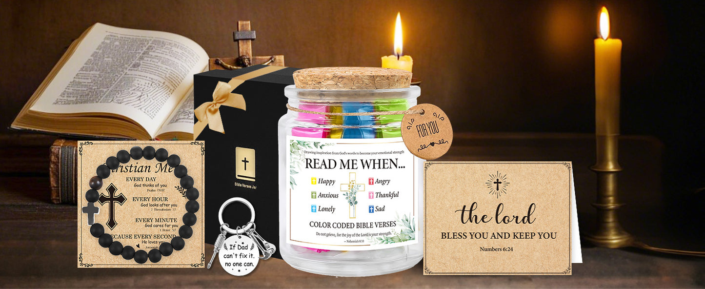 Bozidol Read Me When Bible Verses Jar, Color Coded Bible Verses in a Jar, Fathers Day Christian Gifts for Men Dad, Comes with Cross Beads Bracelet, Keychain, Ribbon and Greeting Card