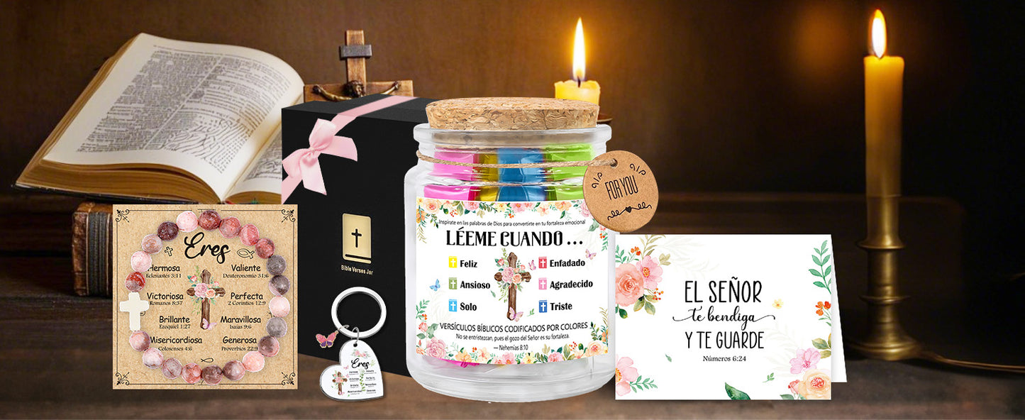 Bozidol Spanish Bible Verse Jar, Leeme Cuando te Sientas Versículos en Español, Tarro de Versículos Bíblicos en Español, Christian Gifts for Women with Bracelet, Keychain, Ribbon and Greeting Card