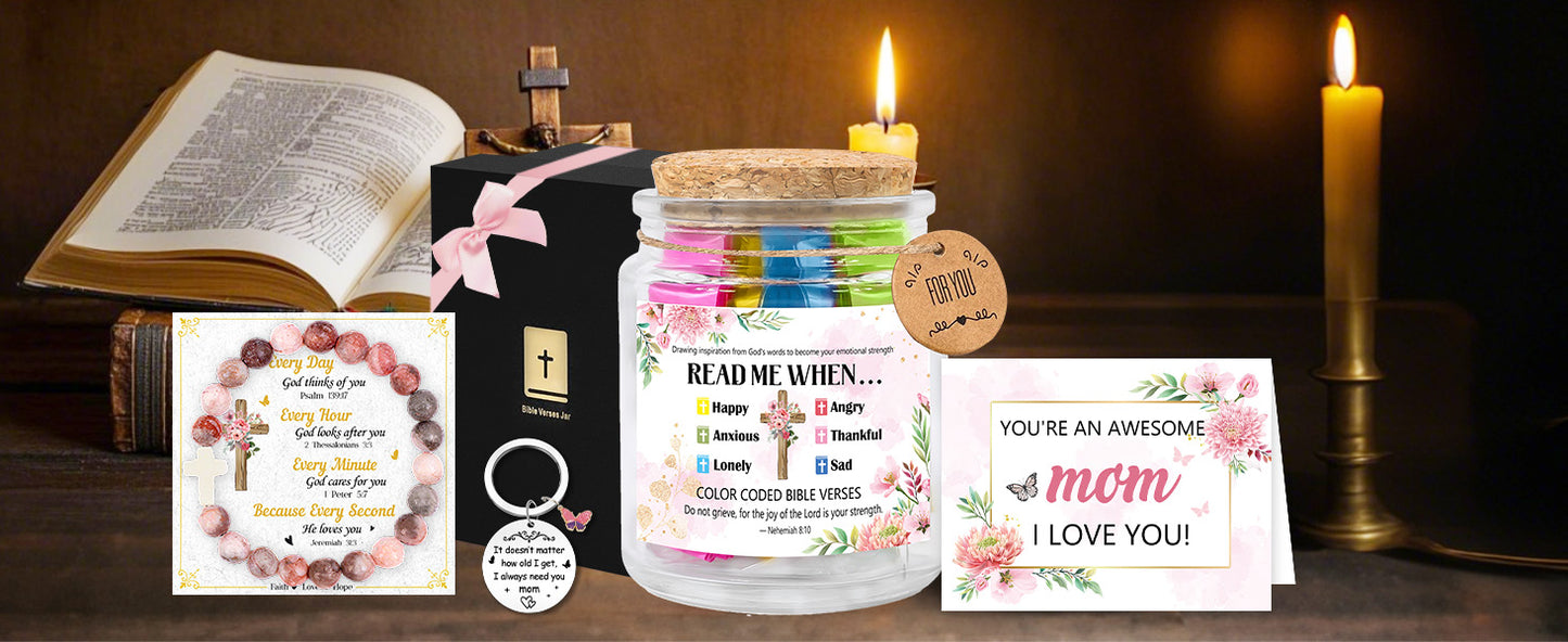Bozidol Read Me When Bible Verses Jar, Inspirational Prayer Jar with Scriptures for Women, Mothers Day Gifts for Mom, Christian Gifts with Cross Beads Bracelet, Keychain, Ribbon and Greeting Card