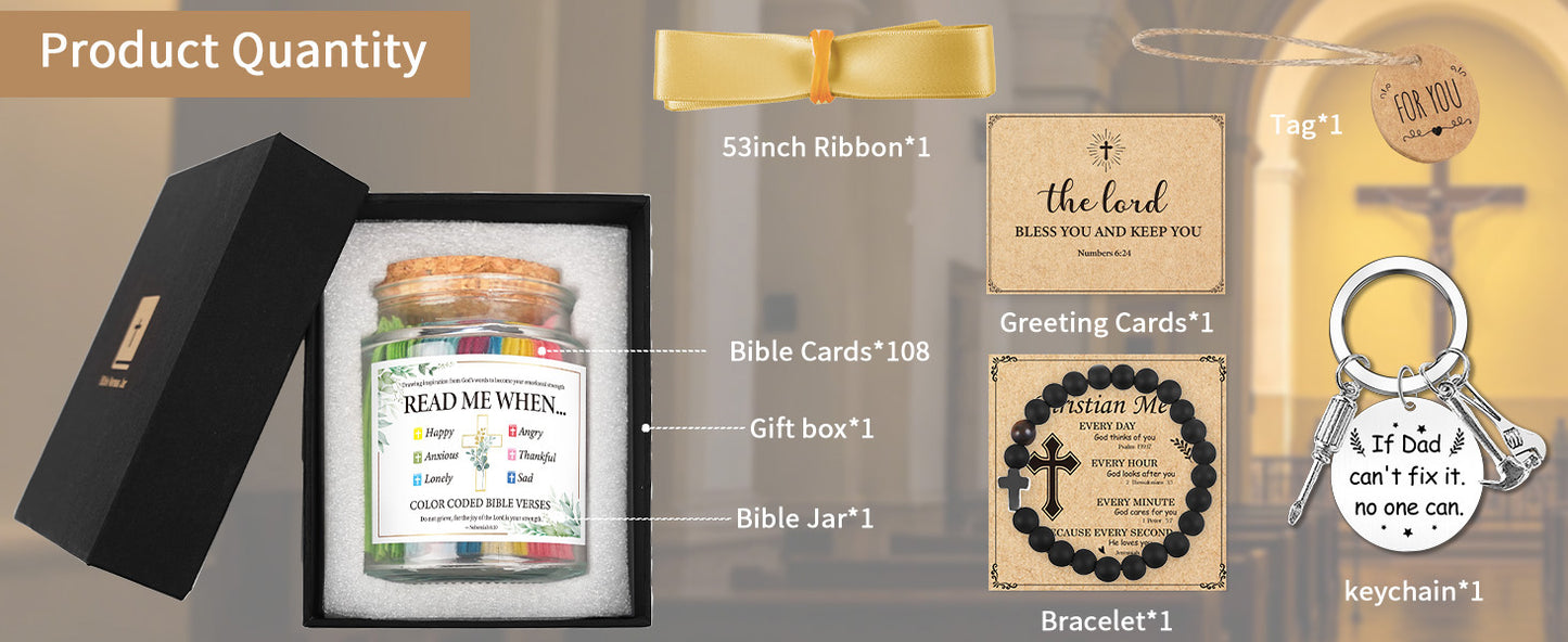 Bozidol Read Me When Bible Verses Jar, Color Coded Bible Verses in a Jar, Fathers Day Christian Gifts for Men Dad, Comes with Cross Beads Bracelet, Keychain, Ribbon and Greeting Card
