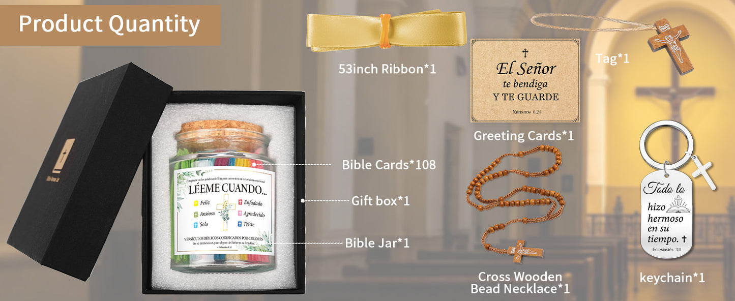 Bozidol Spanish Bible Verse Jar, Leeme Cuando te Sientas Versículos en Español, Tarro de Versículos Bíblicos en Español, Christian Gifts with Rosary Necklace, Keychain, Ribbon and Greeting Card