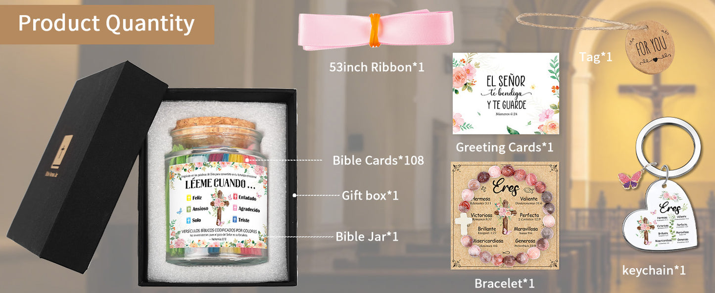 Bozidol Spanish Bible Verse Jar, Leeme Cuando te Sientas Versículos en Español, Tarro de Versículos Bíblicos en Español, Christian Gifts for Women with Bracelet, Keychain, Ribbon and Greeting Card
