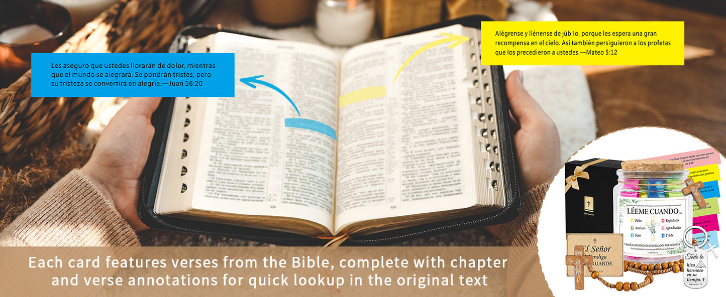 Bozidol Spanish Bible Verse Jar, Leeme Cuando te Sientas Versículos en Español, Tarro de Versículos Bíblicos en Español, Christian Gifts with Rosary Necklace, Keychain, Ribbon and Greeting Card