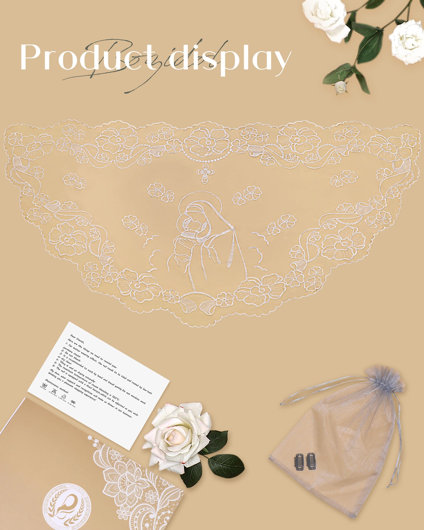 Bozidol D-shape Mantilla Church Veil - Women's Vintage Veil with Madonna and Child Embroidery
