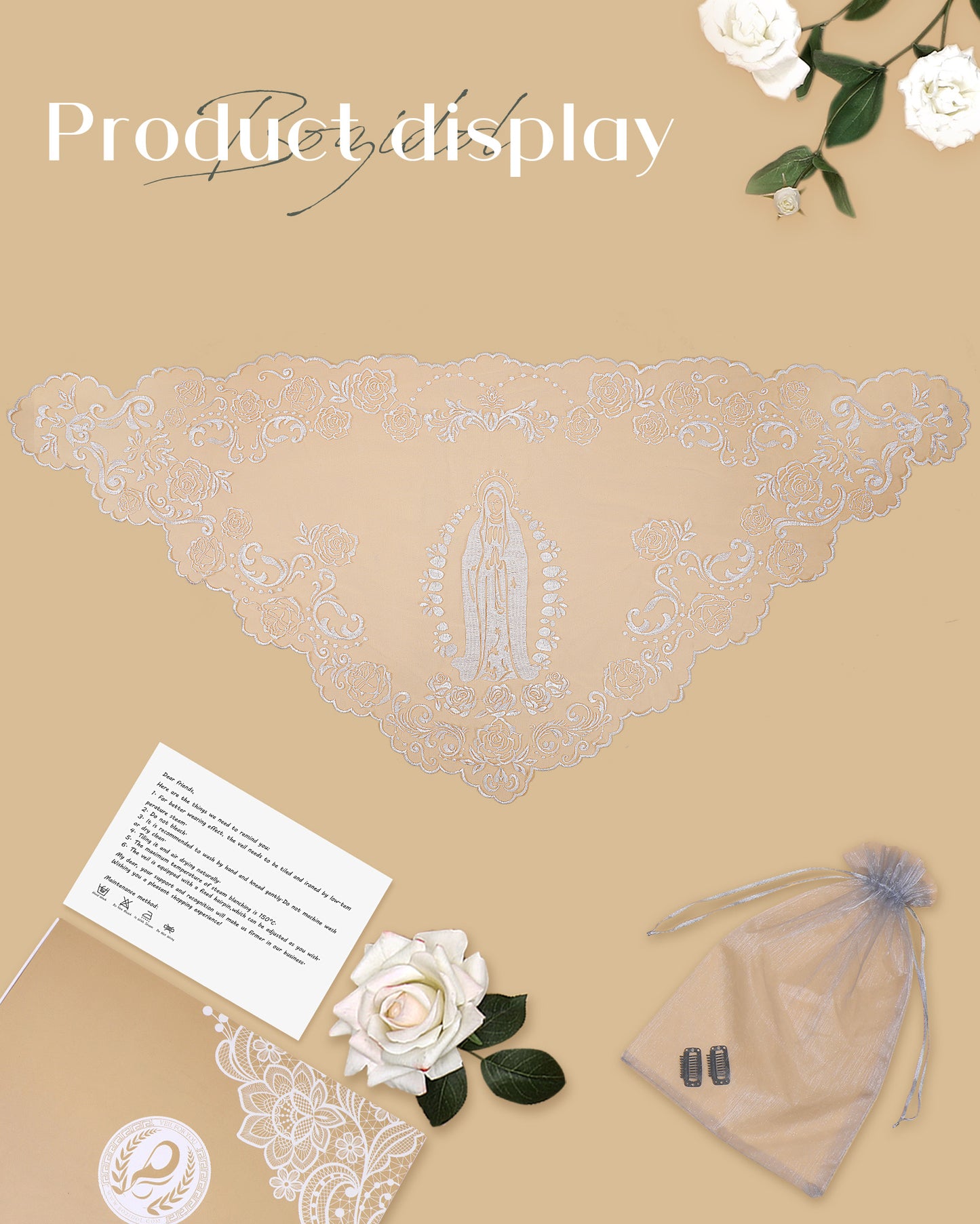 Bozidol Church Catholic Veils for Women, Triangle Virgin Mary Lace Mantilla Chapel Veil, Latin Mass Head Coverings with Clips