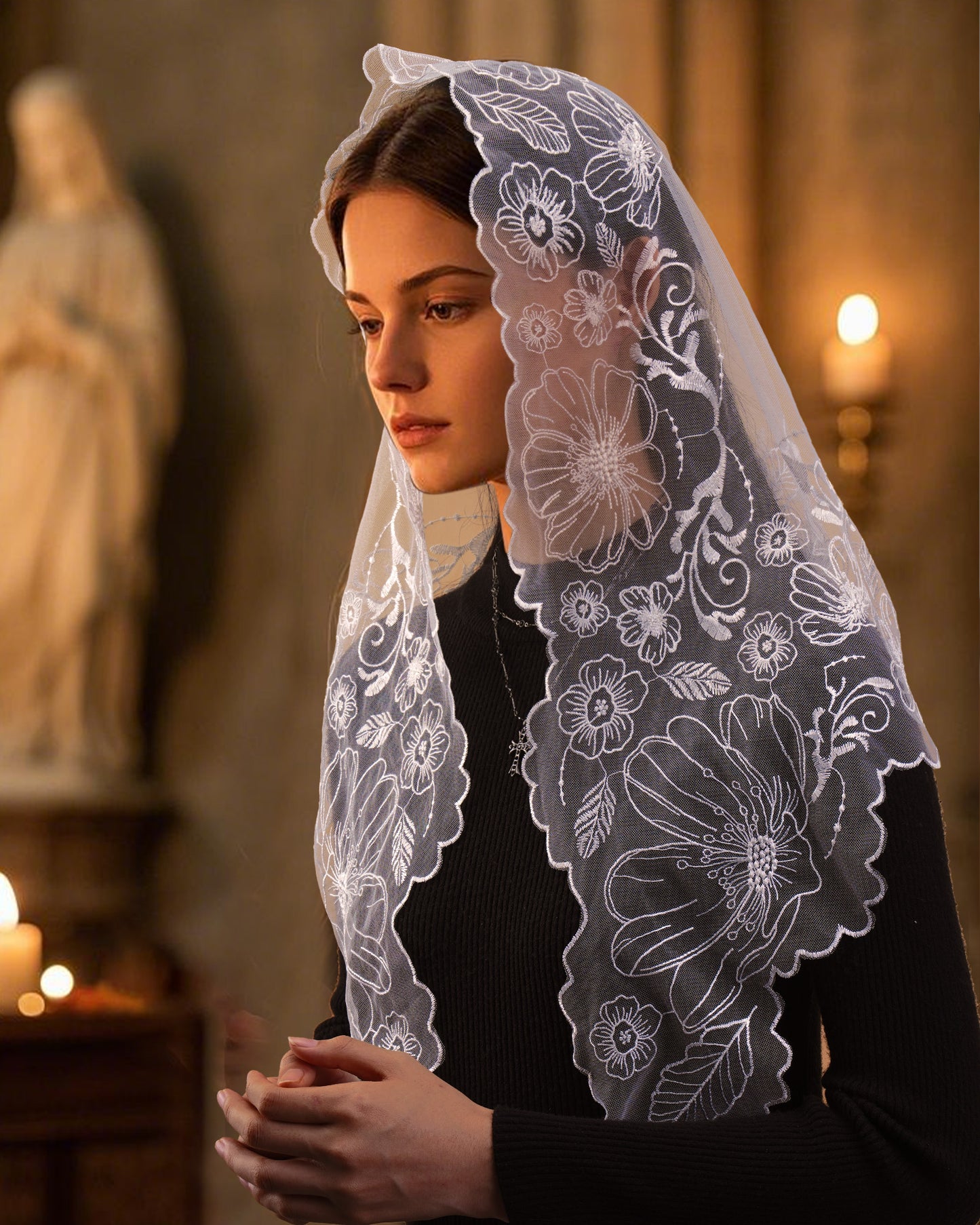 Bozidol Veils for Church Catholic, Triangle Virgin Mary Lace Mantilla Chapel Veil, Latin Mass Prayer Head Coverings for Women