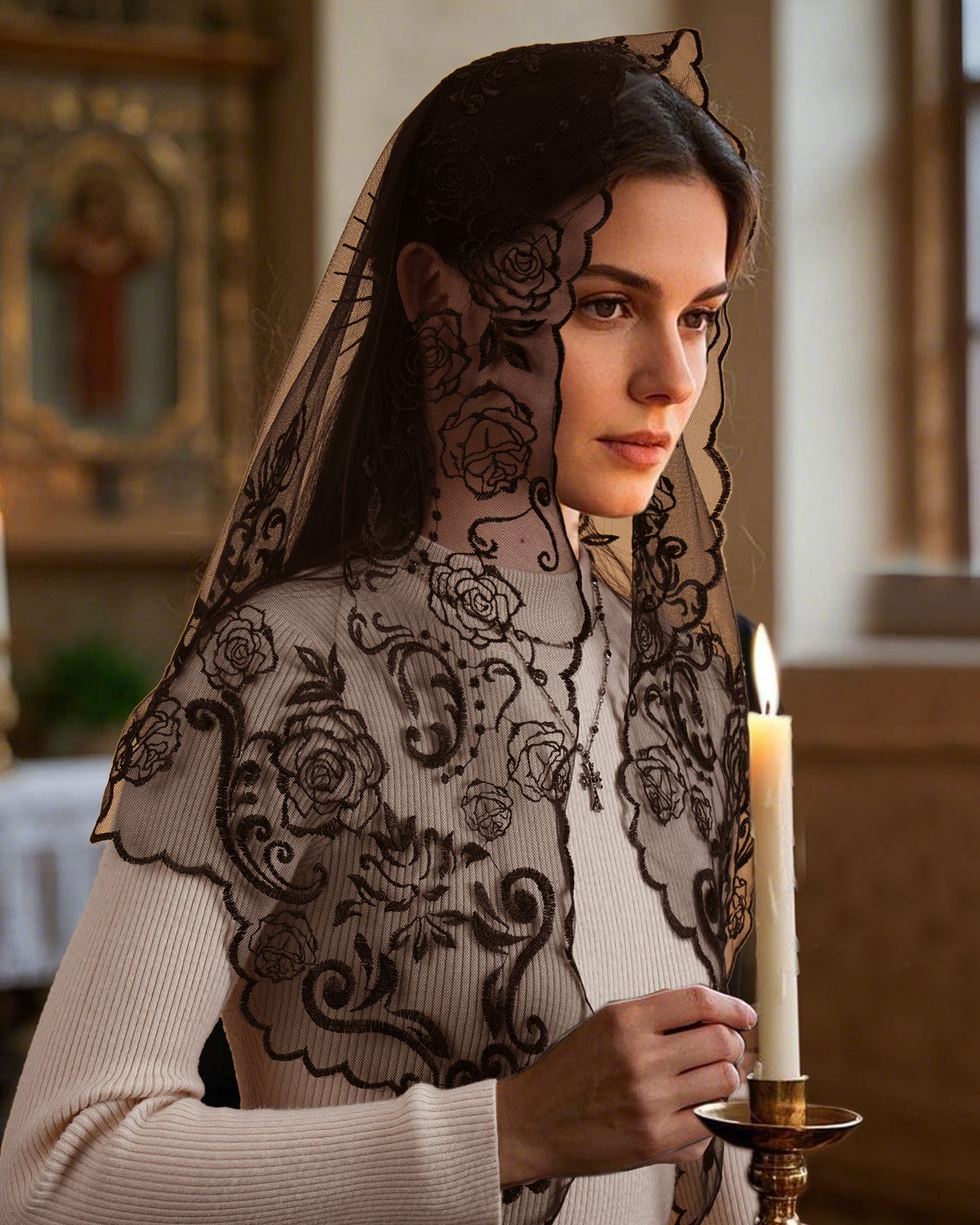 Bozidol Church Catholic Veils for Women, Triangle Virgin Mary Lace Mantilla Chapel Veil, Latin Mass Head Coverings with Clips