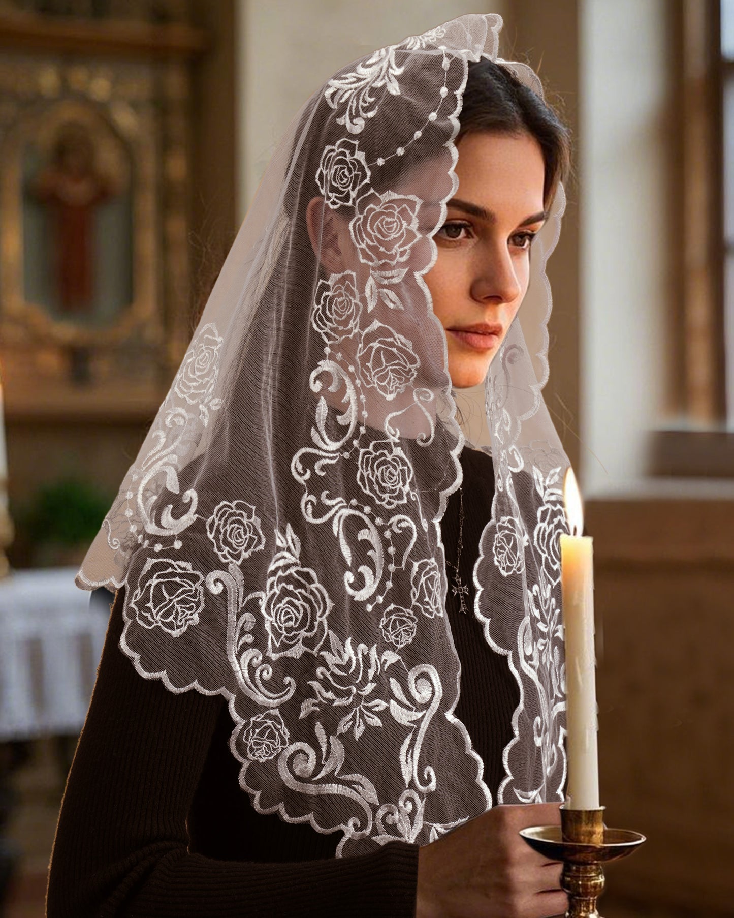 Bozidol Church Catholic Veils for Women, Triangle Virgin Mary Lace Mantilla Chapel Veil, Latin Mass Head Coverings with Clips