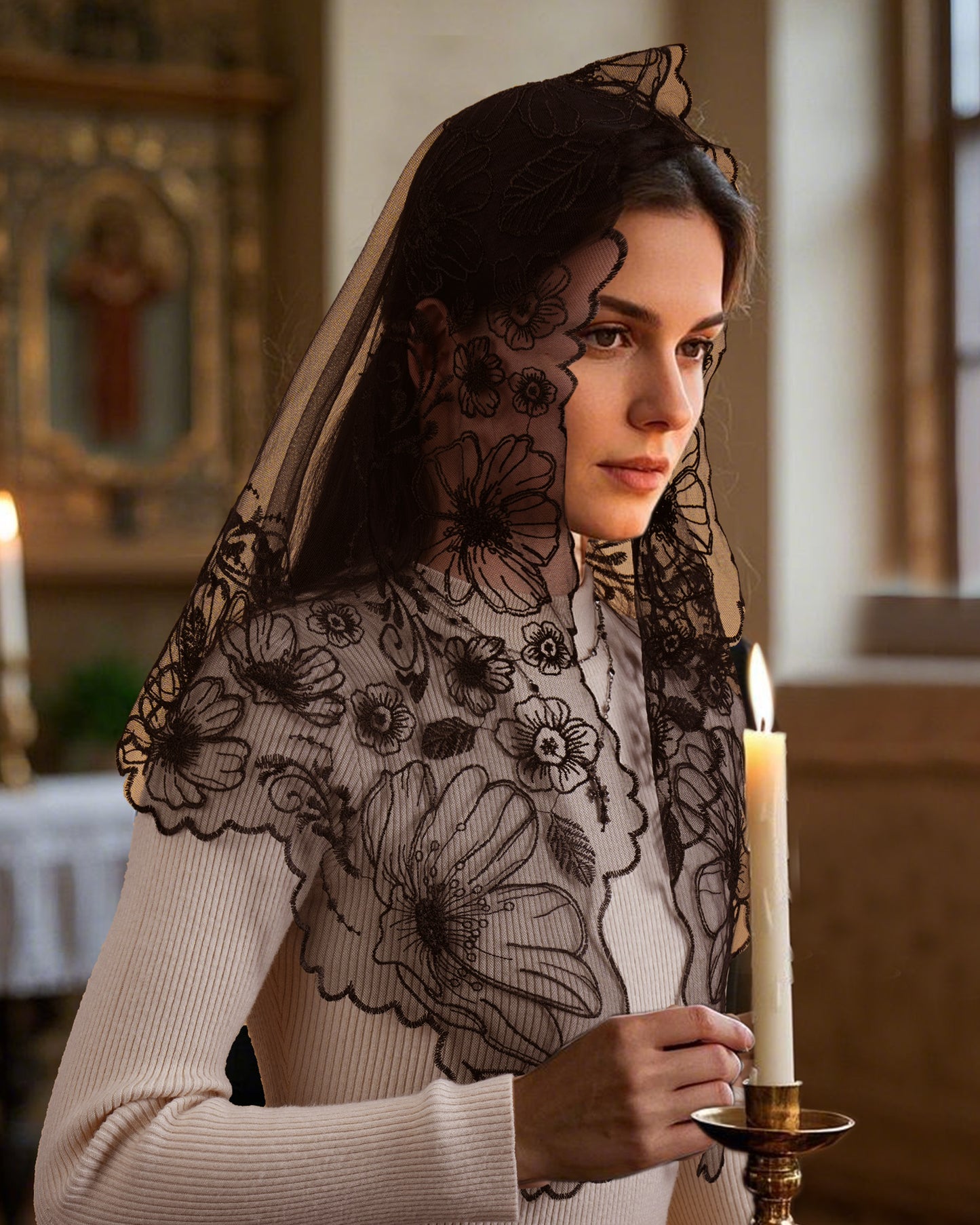 Bozidol Mantilla Veils for Church Catholic, Virgin Mary and Child Jesus Lace Chapel Veil, Latin Mass Head Coverings for Women