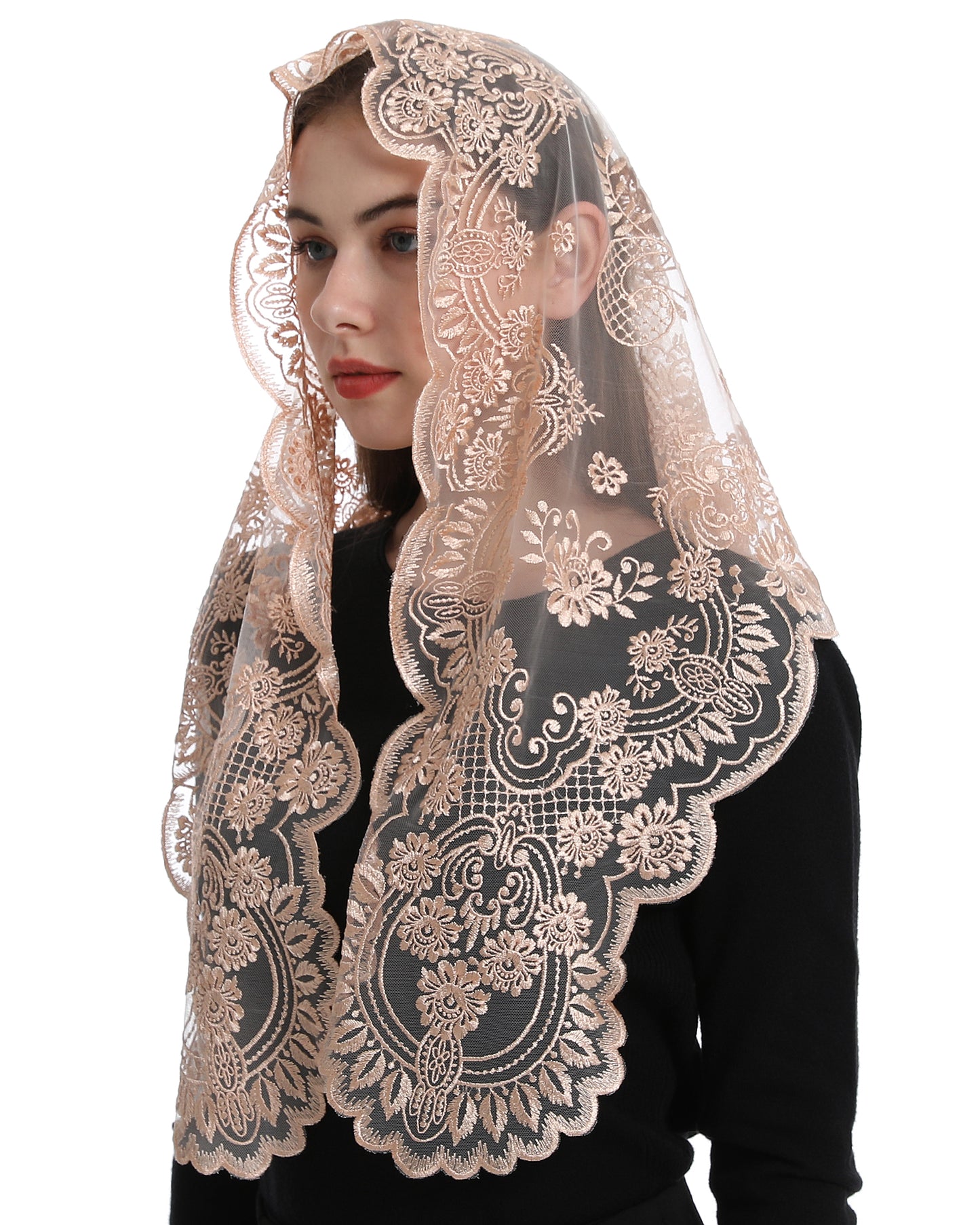 Bozidol Spanish Style Catholic Mass Mantillas Veil for Prayer Floral Orthodox Head Coverings Shawl Chapel Veils